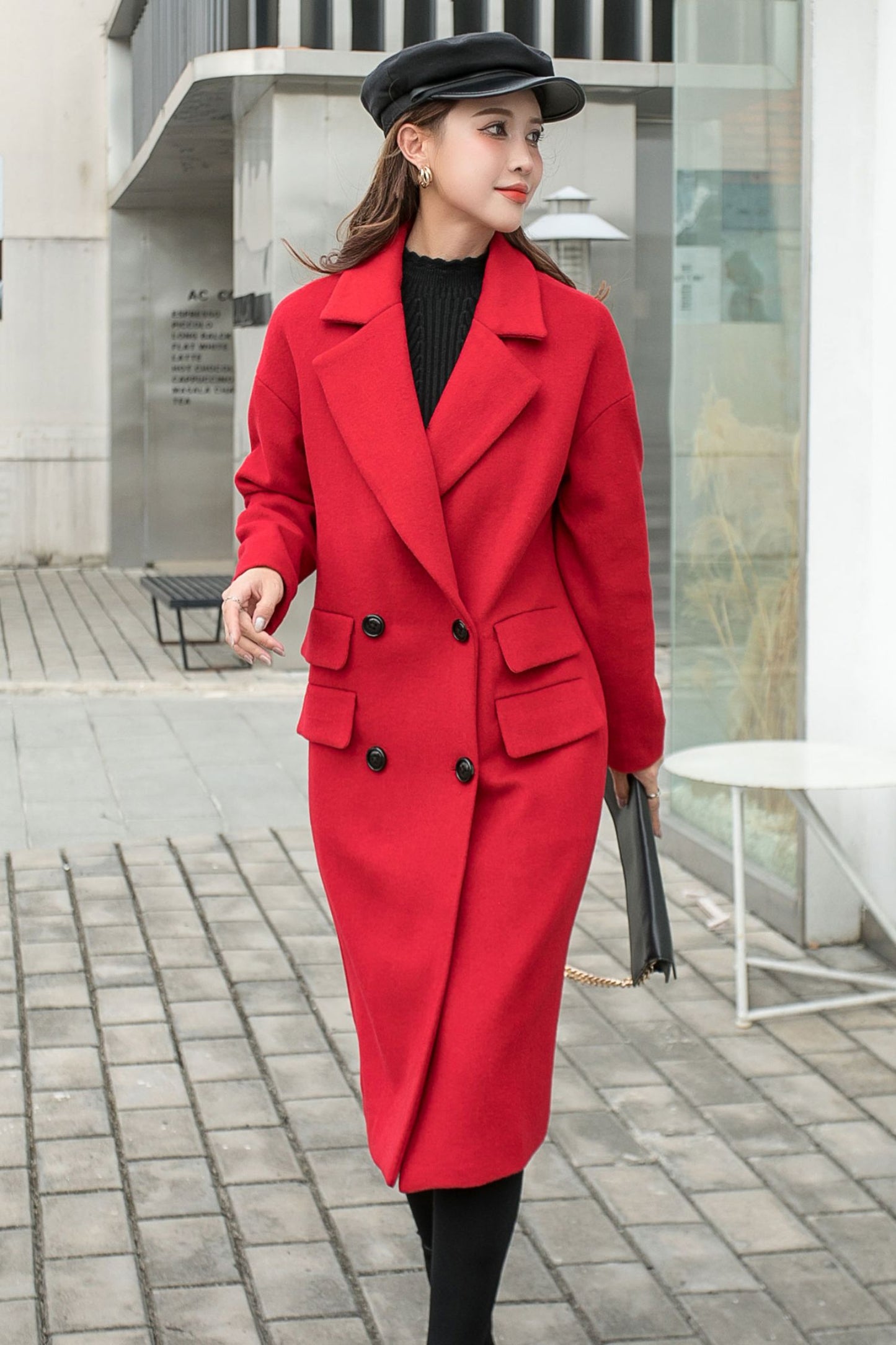 Wool Trench Red Coat Women C2569