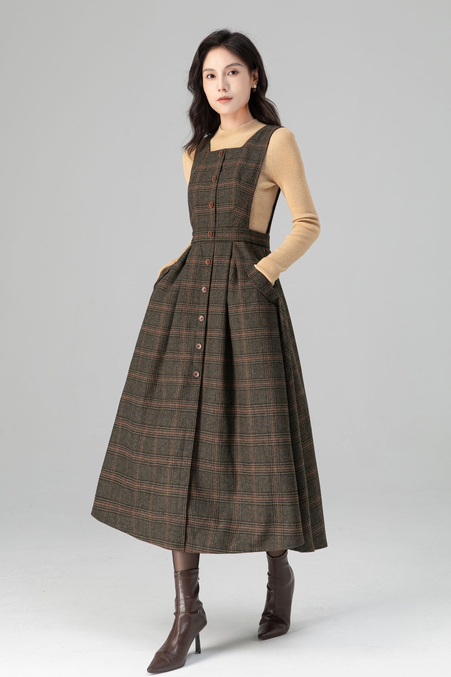 Classic Plaid A Line Apron Midi Wool Dress C5196