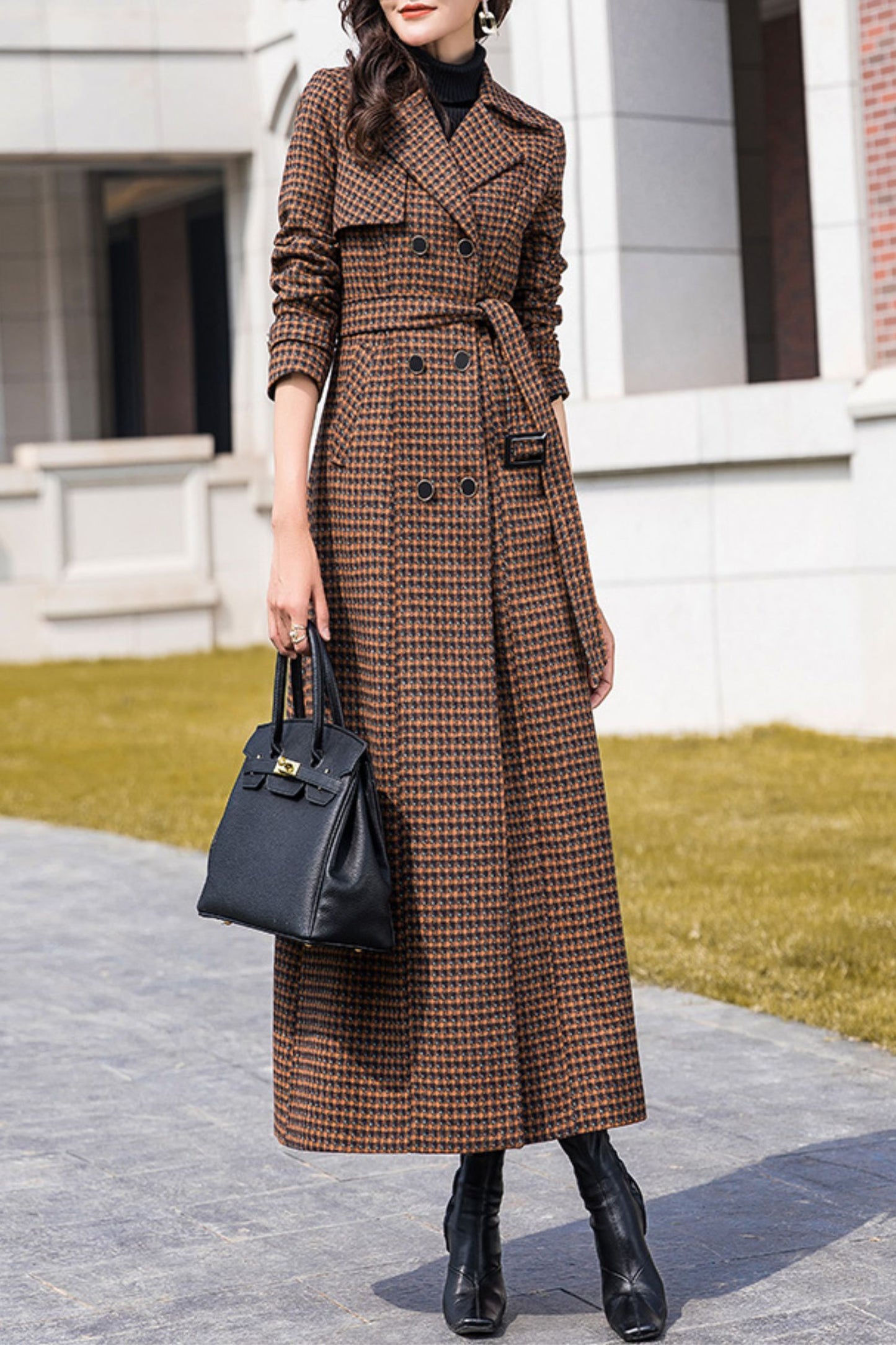 Women's Autumn and winter coffee plaid coat C4212