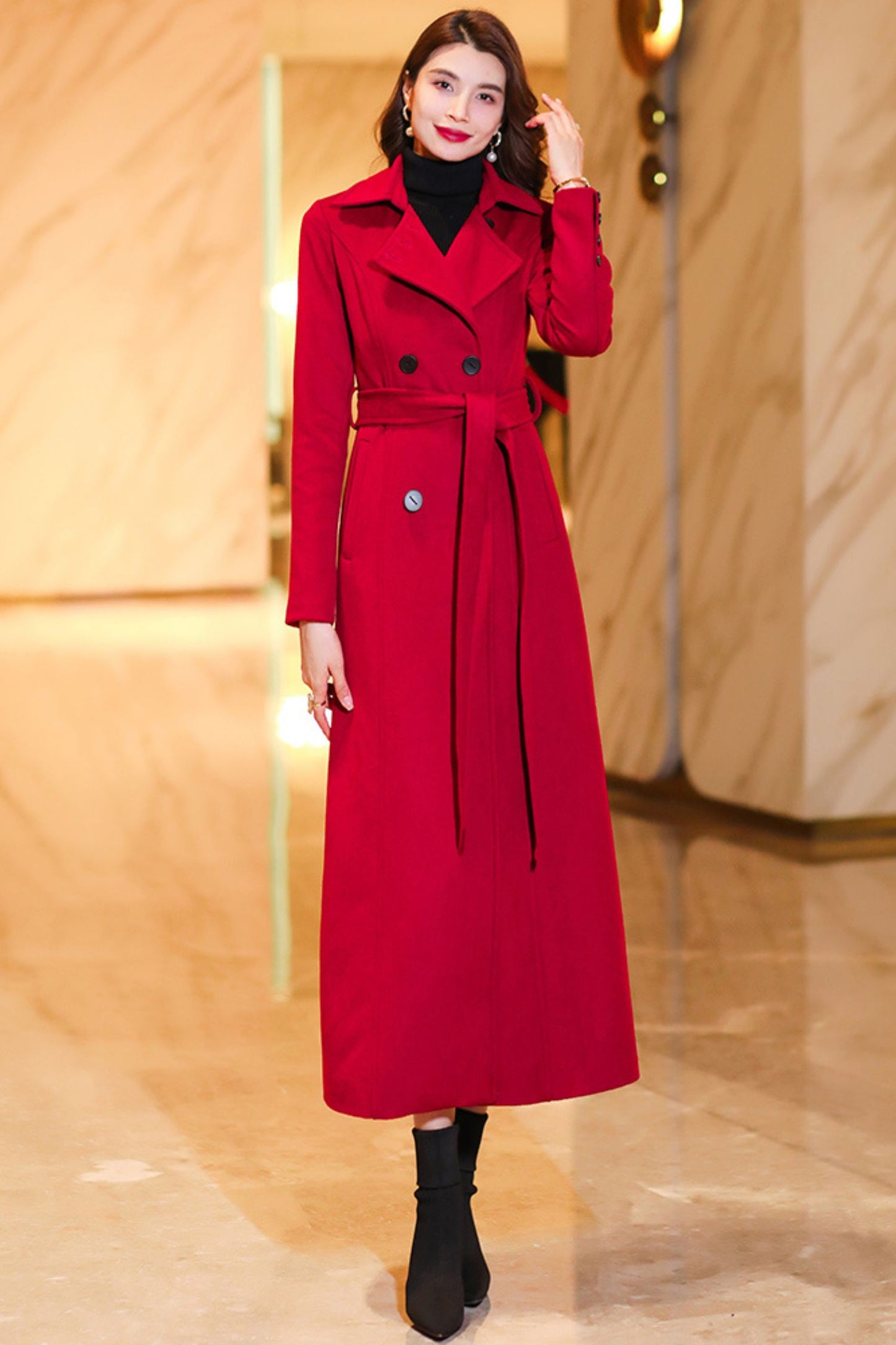 Women's Medium-length Red wool coat C3774