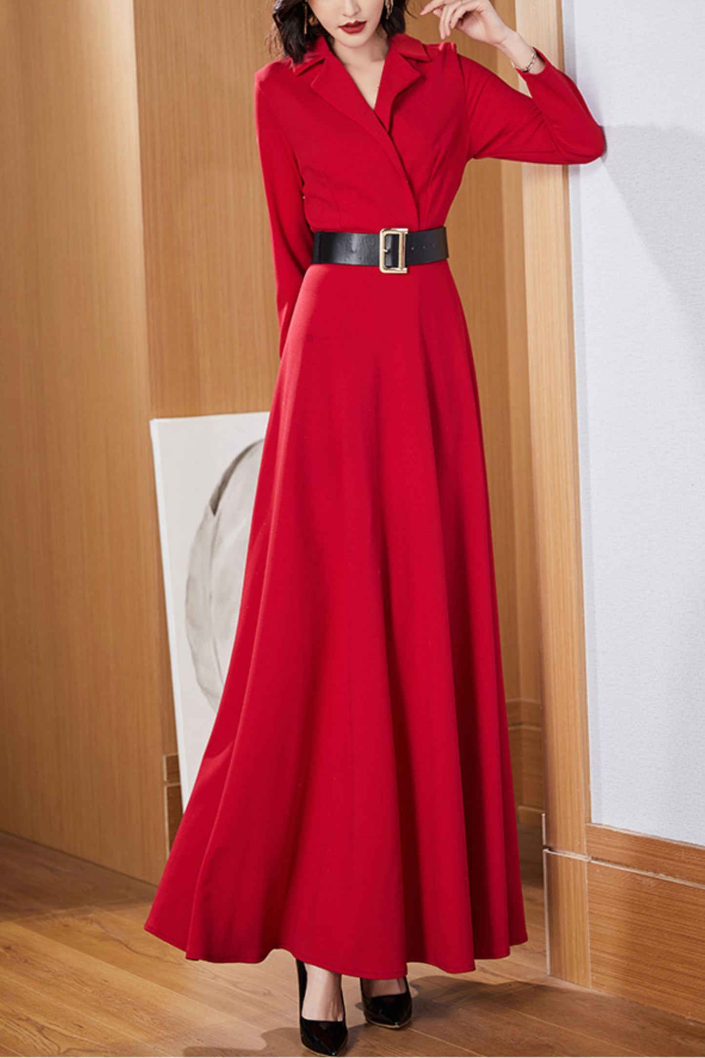 Red long-sleeved suit collar long dress C4177