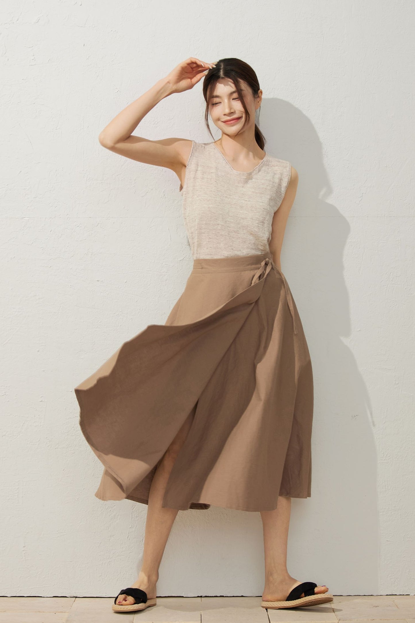 A-Line Light Brown Wrap Linen Skirt  C3929