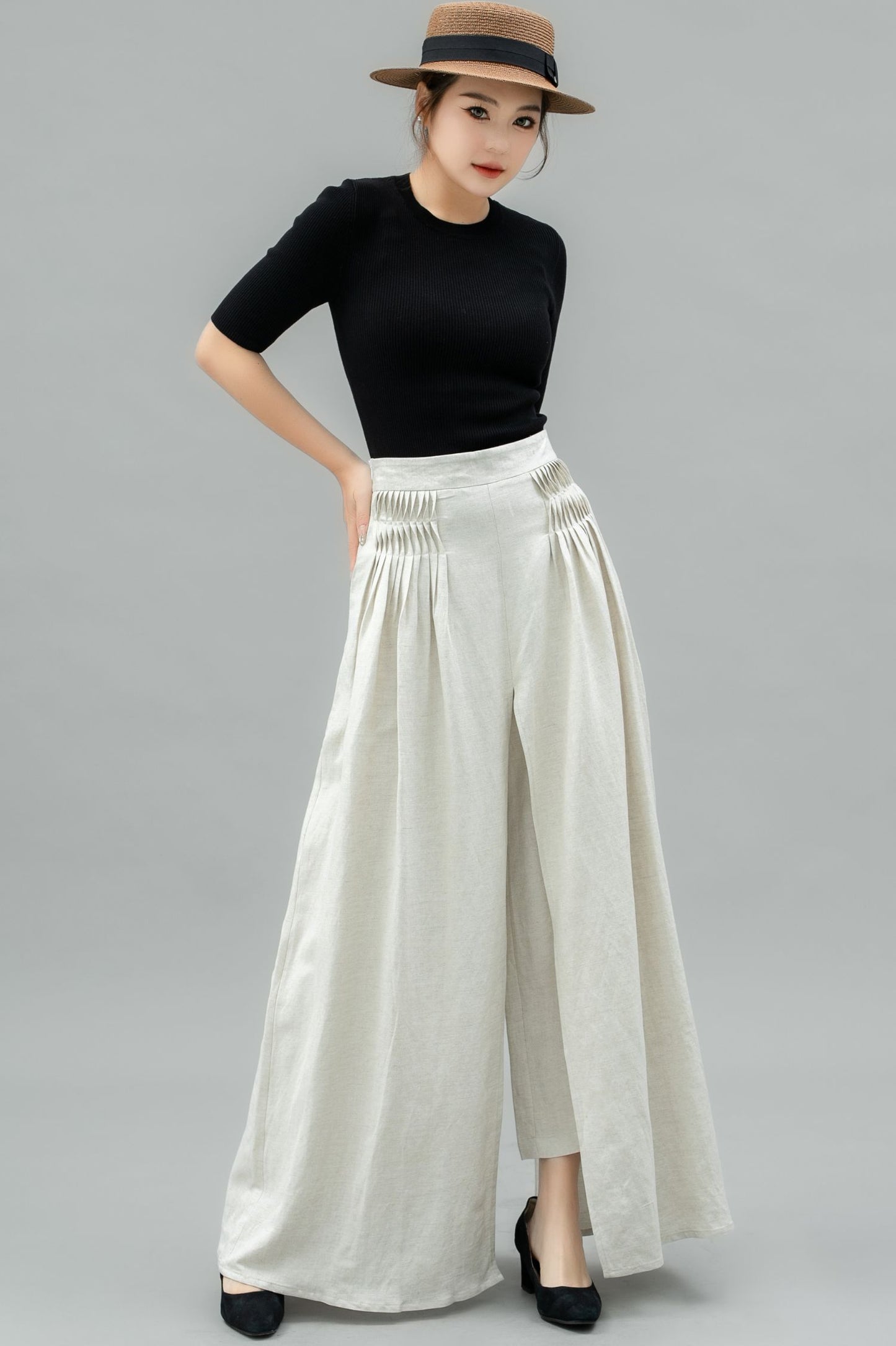 White Wide Leg Linen Palazzo Pant C4743
