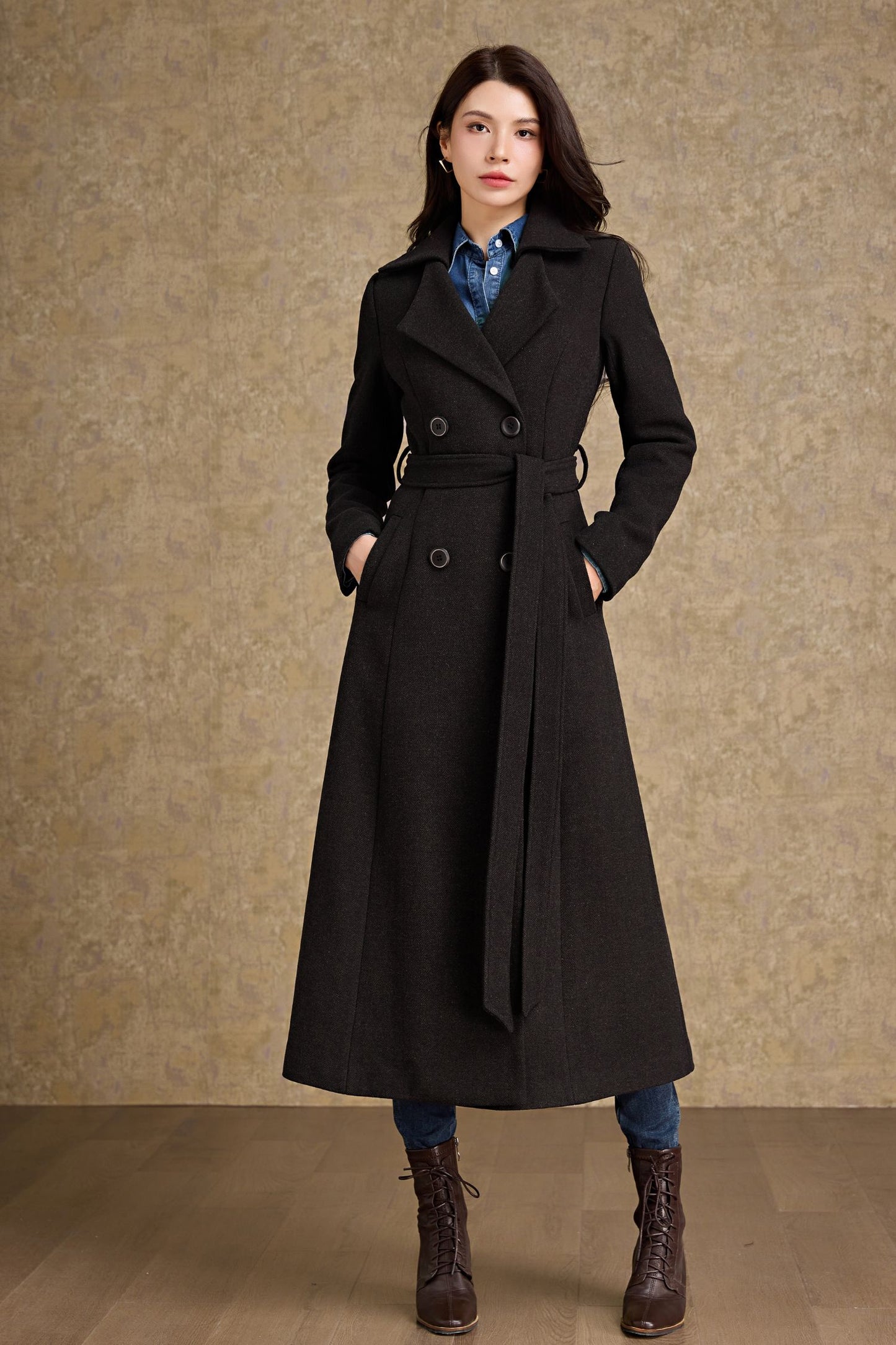Winter warm brown Long Wool Coat C4479