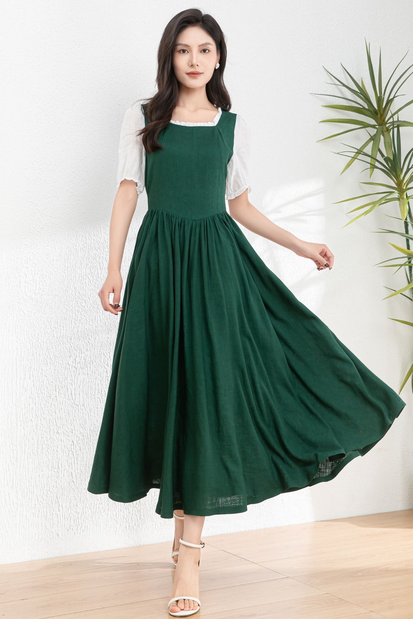 Womens dark green Linen midi Cottagecore Dress c4978