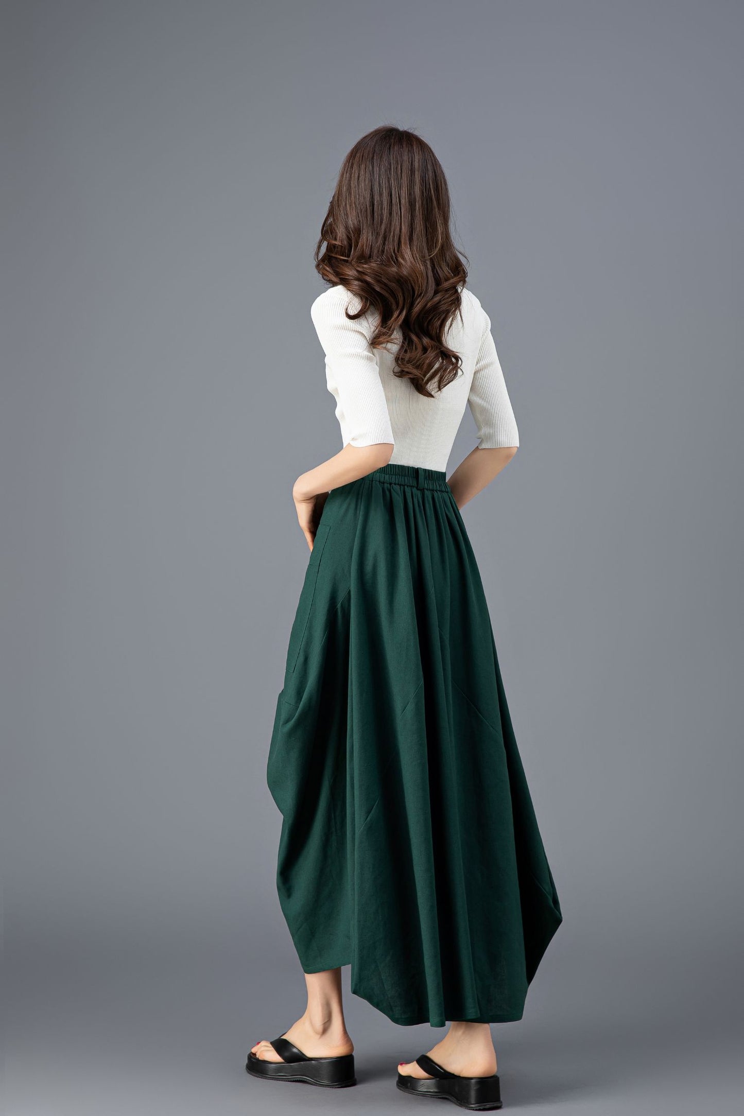 Women's Green Asymmetrical Casual Linen Skirt C3919