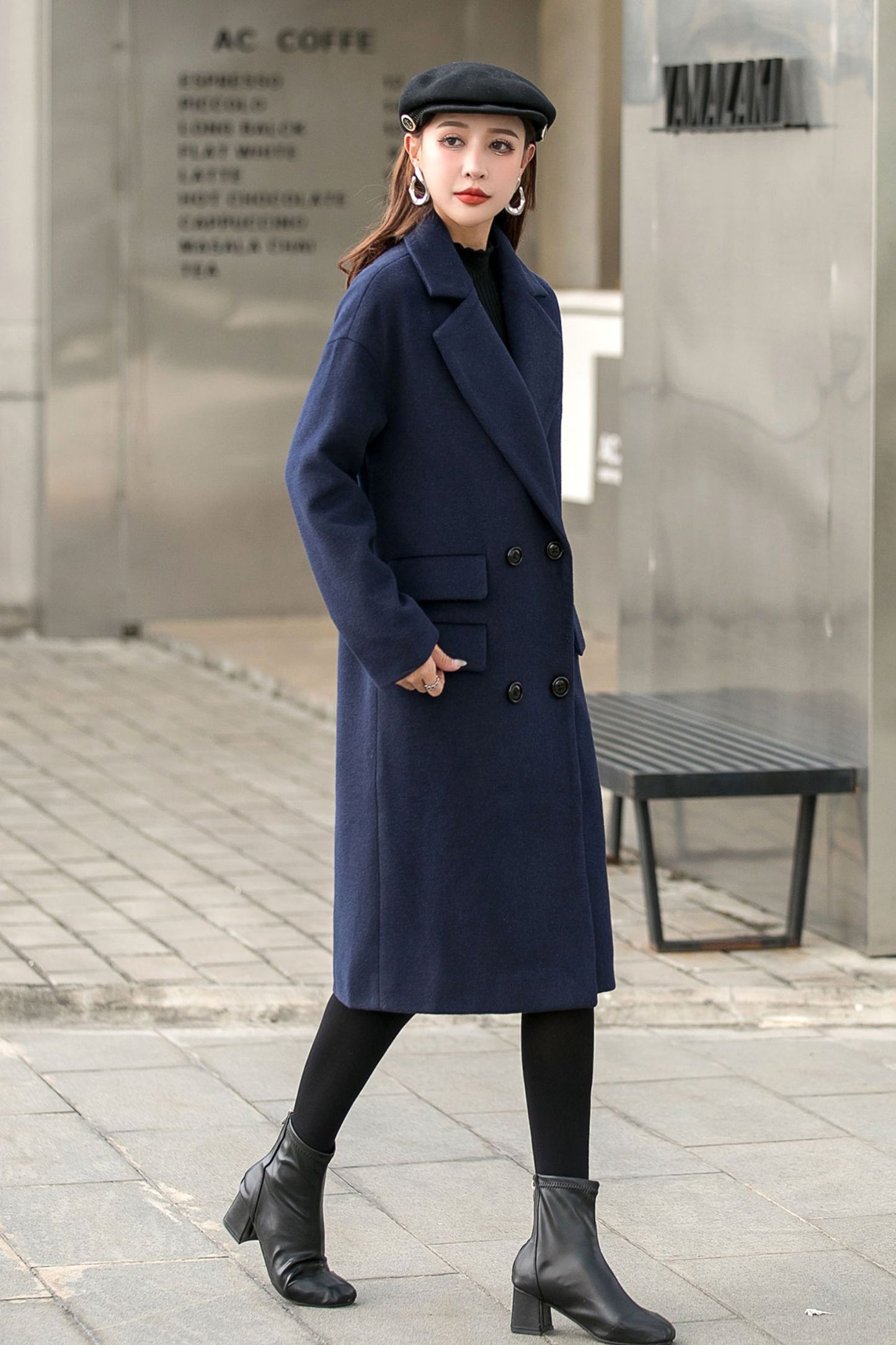 Navy Blue Long Winter Wool Coat C2544