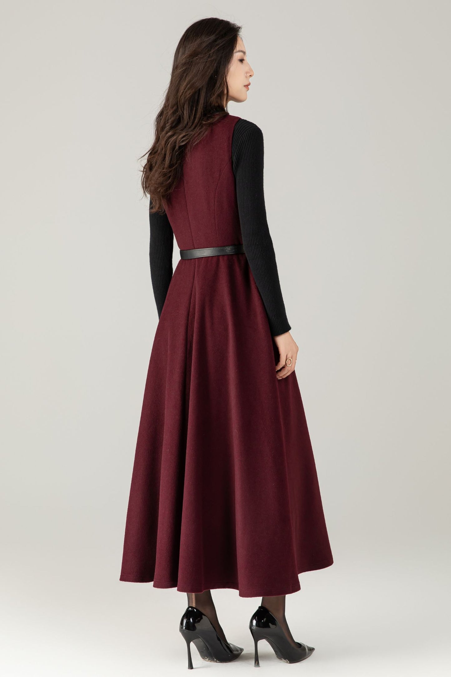 Burgundy Wool maxi Dress: Sleeveless A-Line Swing Jumper, Ylistyle C5239