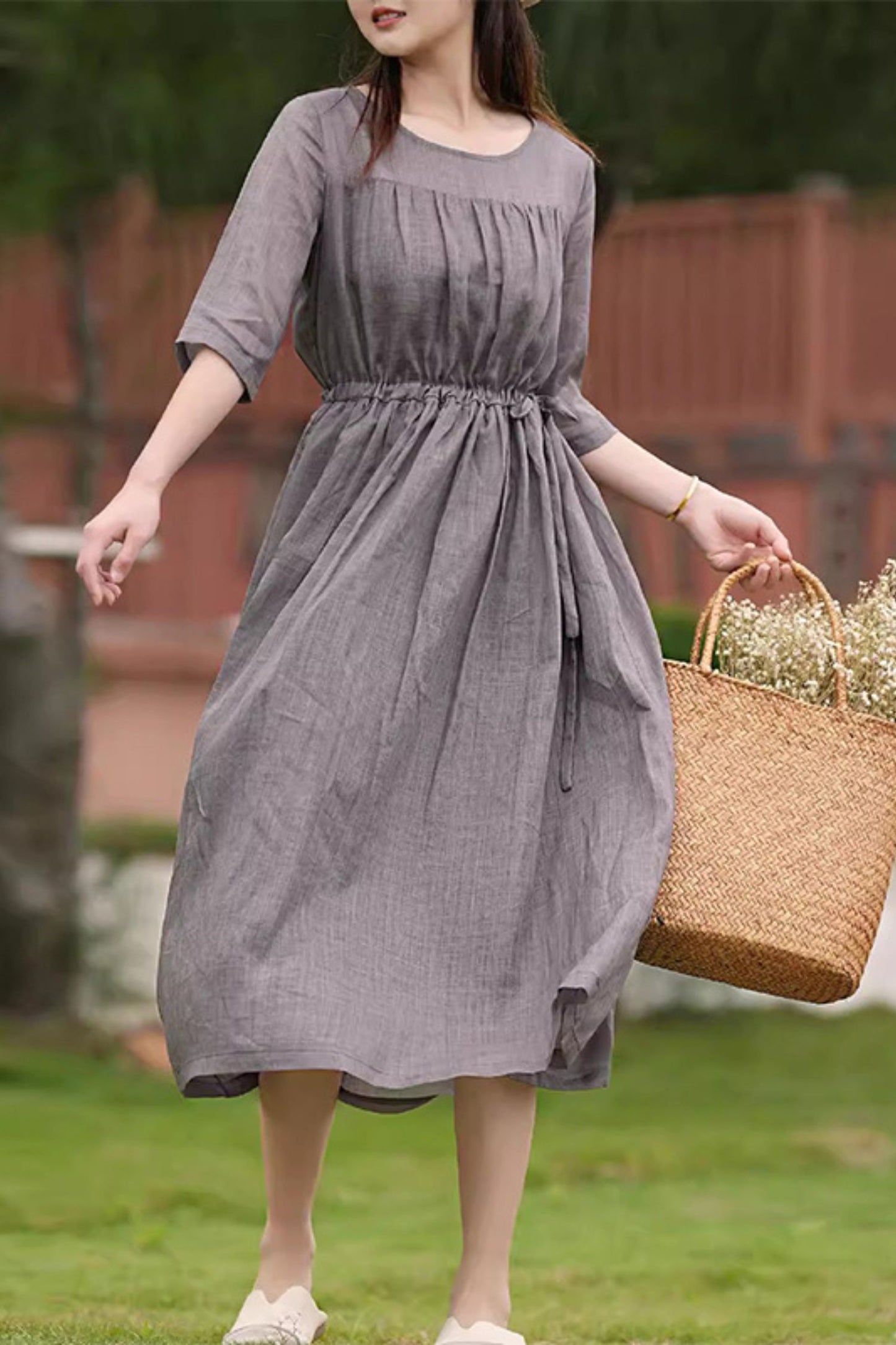 Grey Vintage Cotton Linen Dress C3892