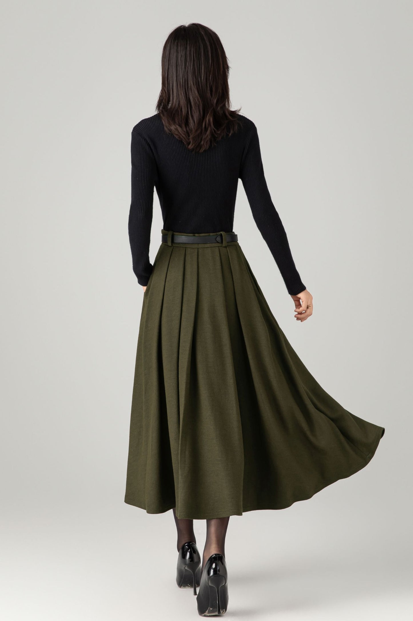 Army green midi winter wool skirt C5276