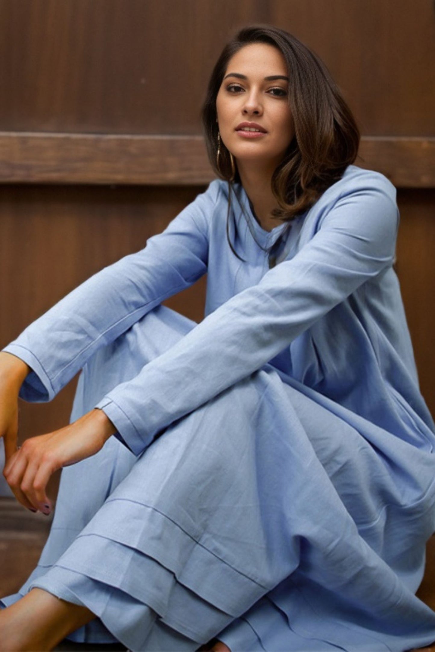 Blue Linen Dress - Semi-Fitted Long Midi Plus Size Long-Sleeved dress C4631