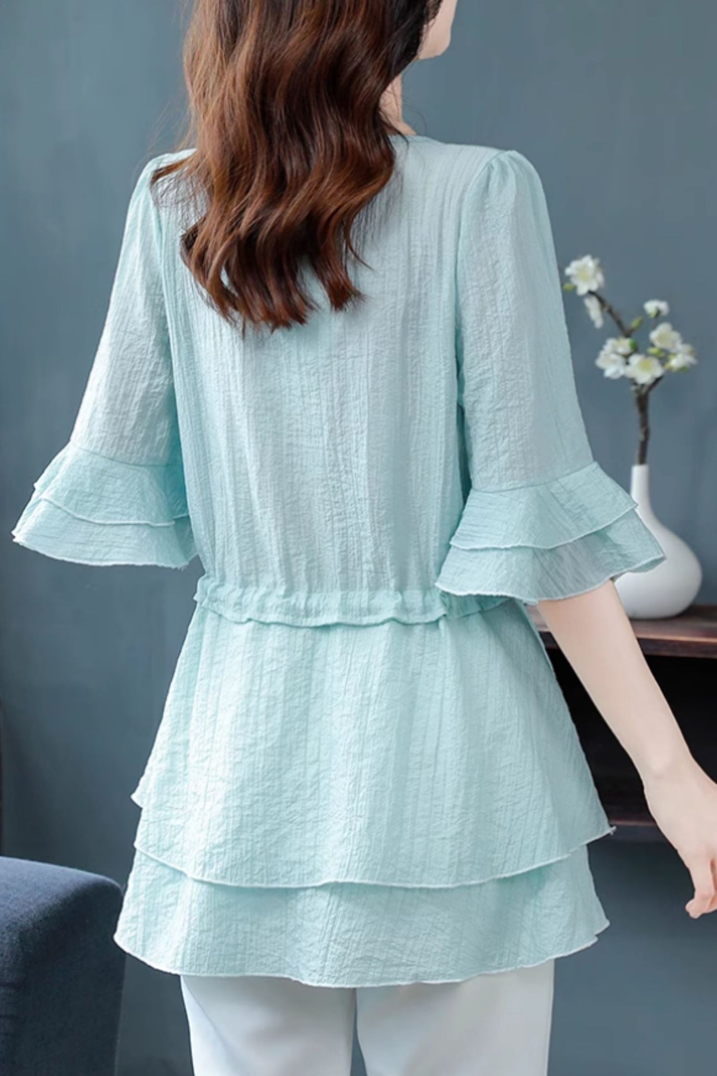 Summer chiffon blouse with drawstring waist C5057