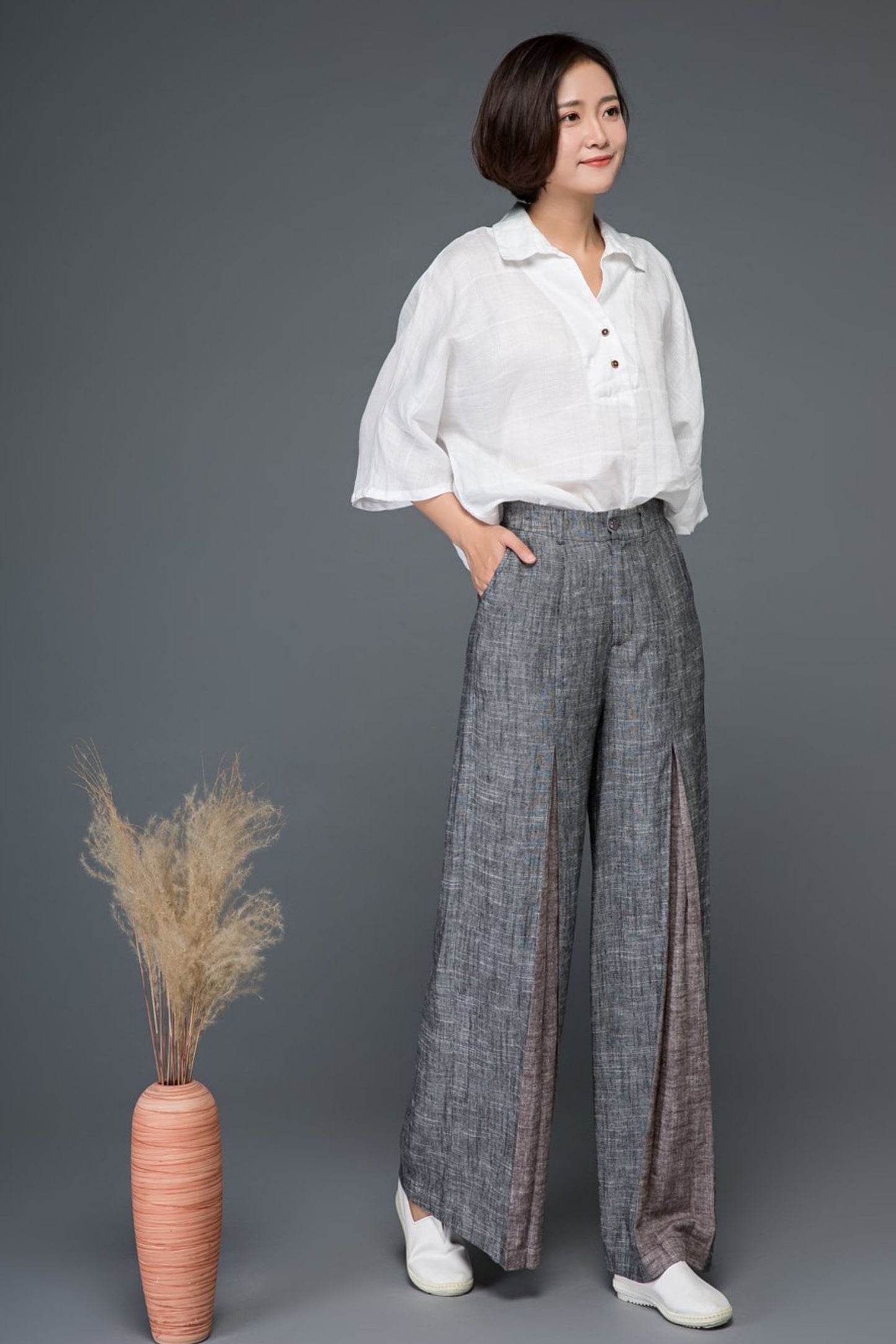 pleated linen womens wide leg pants C1152