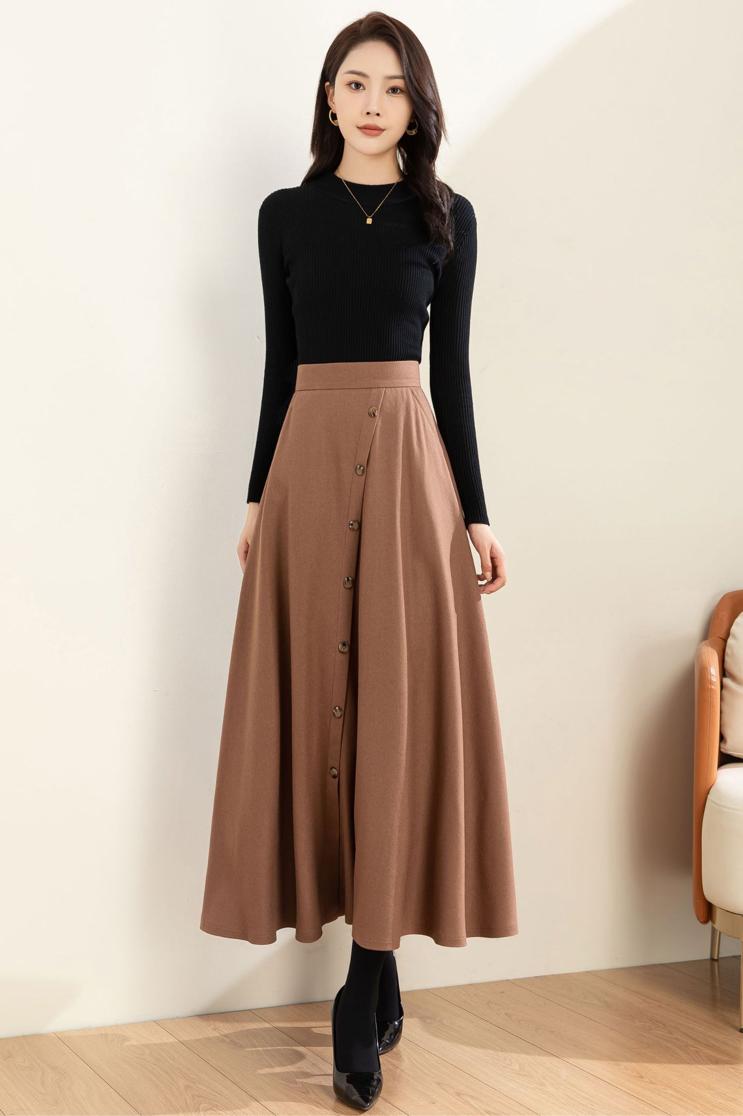 Midi Wool A Line Button Down Skirt C3602