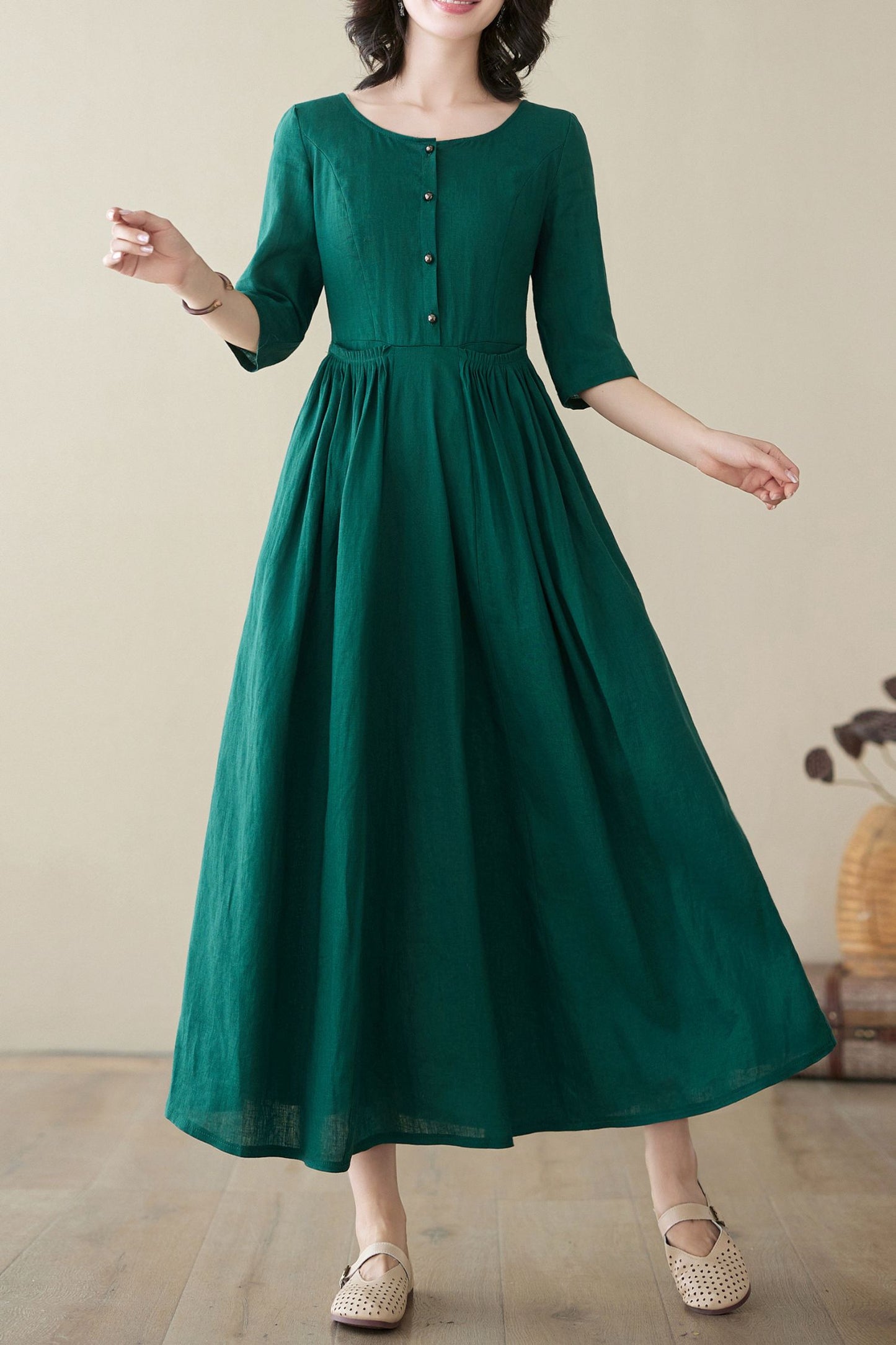 Summer Green Linen Dress C3947 -Size S #CK2400222