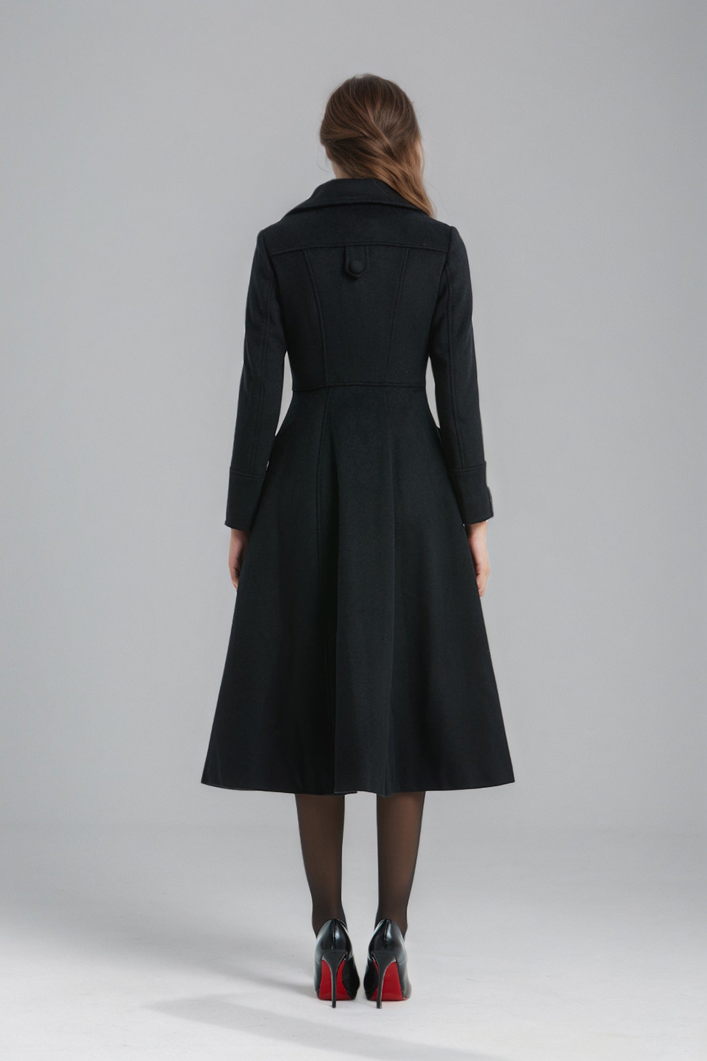 Vintage Black Midi Wool Coat for Winter-Women C5137