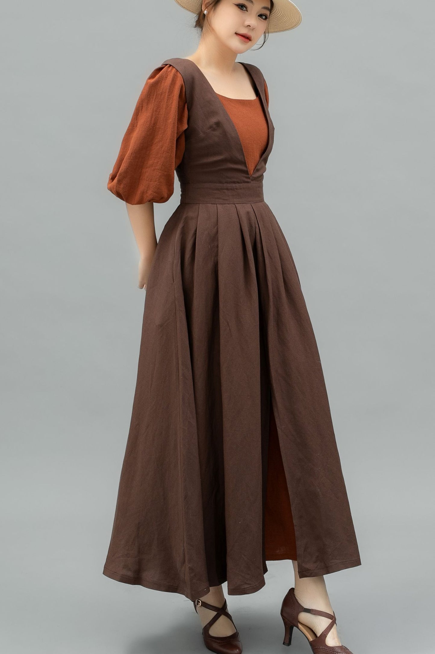 Long Linen pinafore dress C4749