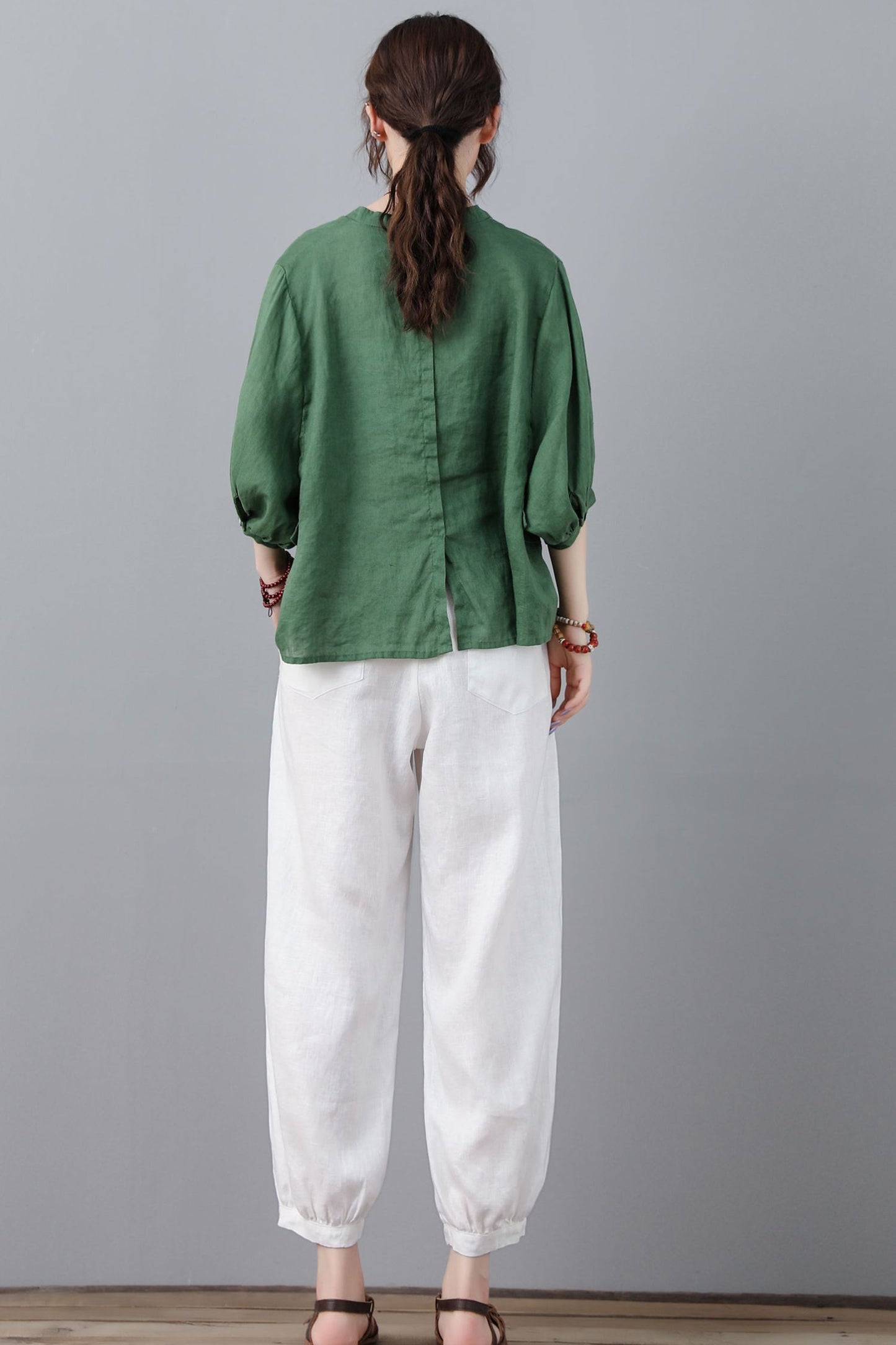White Casual Cropped Elastic Waist Drawstring Linen Pants C2361