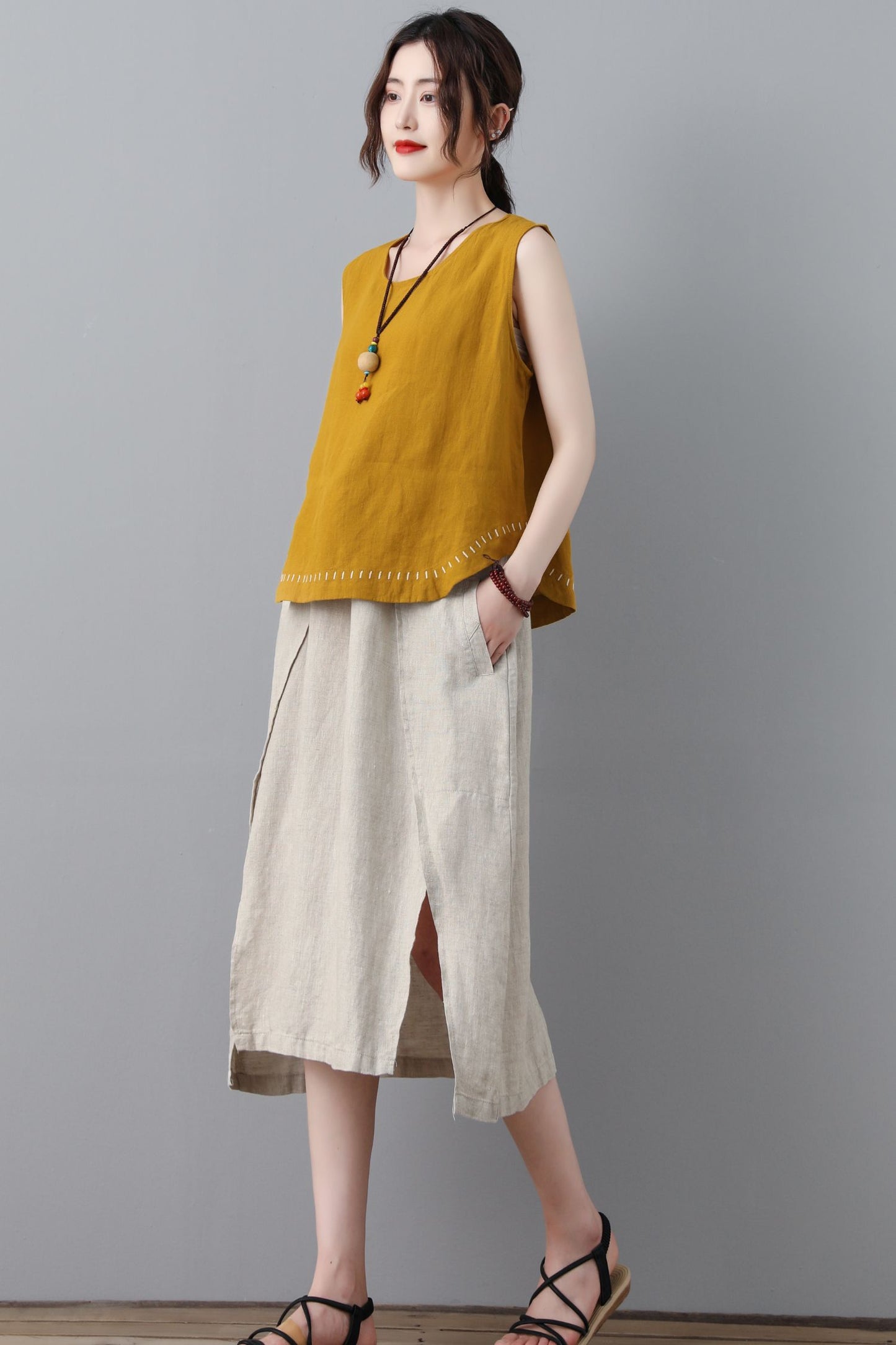 linen midi women summer natural A line skirt C2306