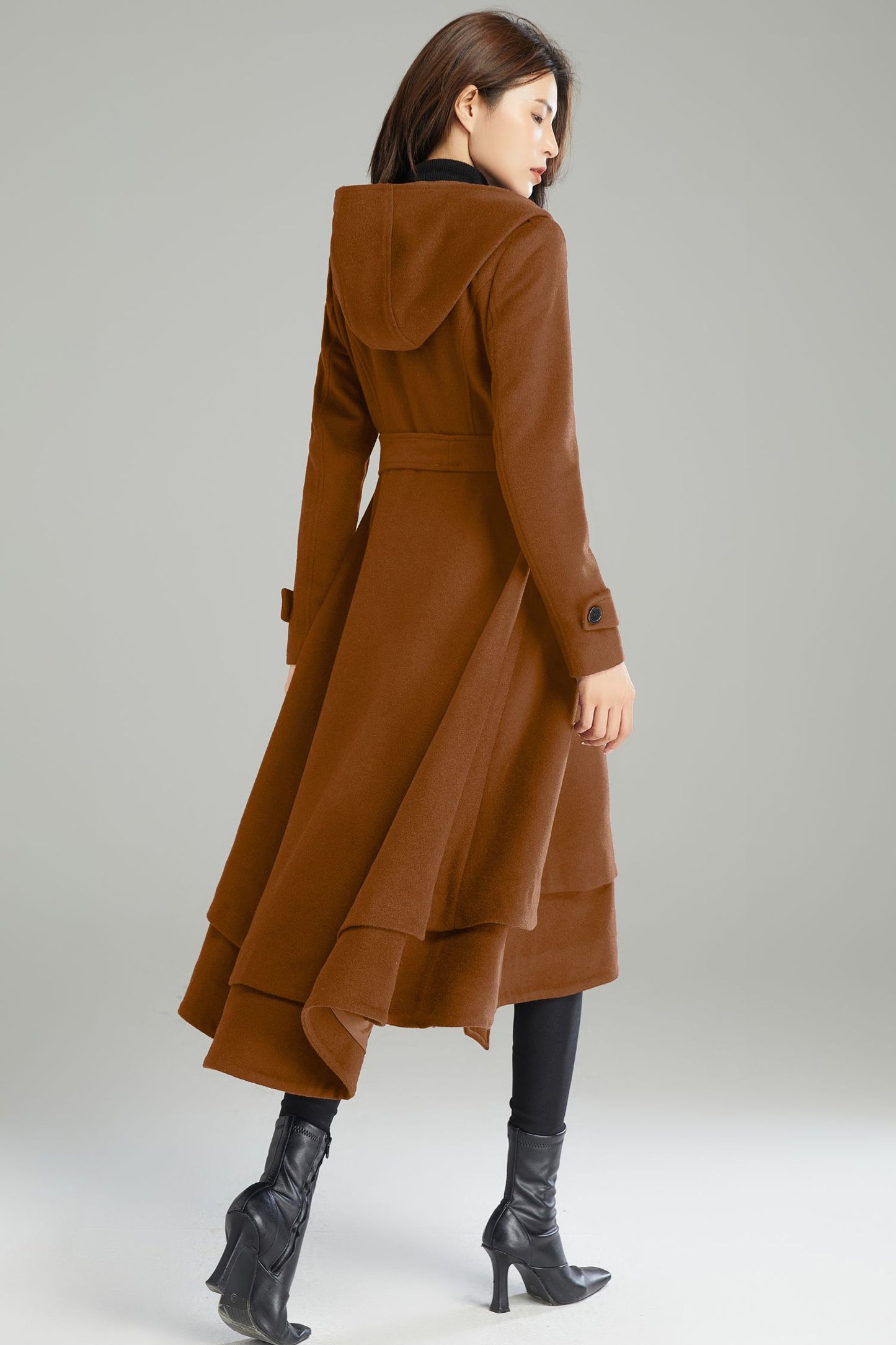 Dark Brown Hooded Wool Coat C4523