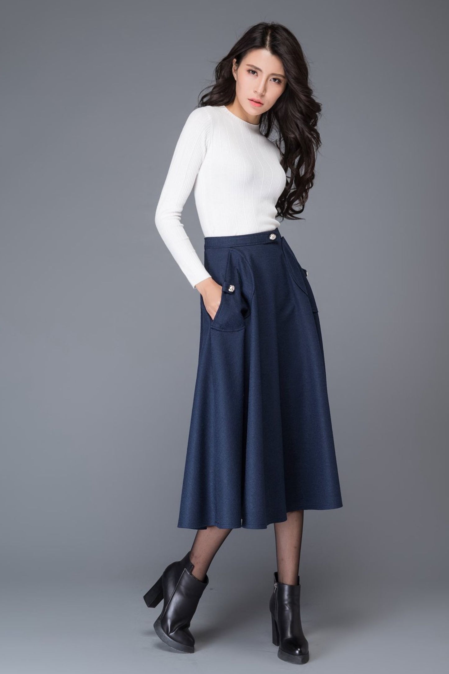 High waist blue midi winter wool skirt C1007