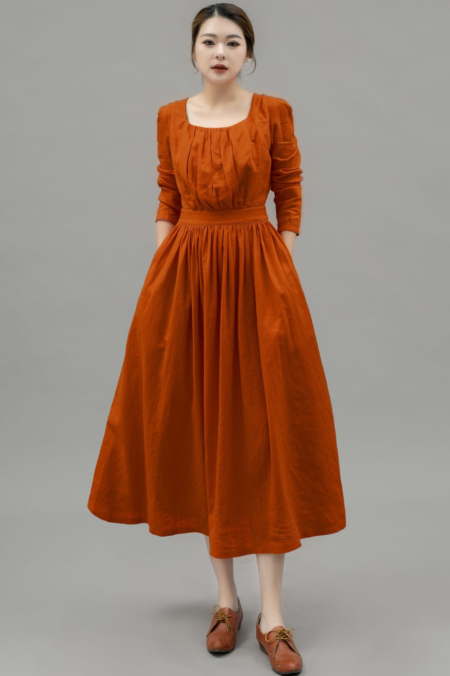 Long Sleeve Orange Linen Dress for Women C4750