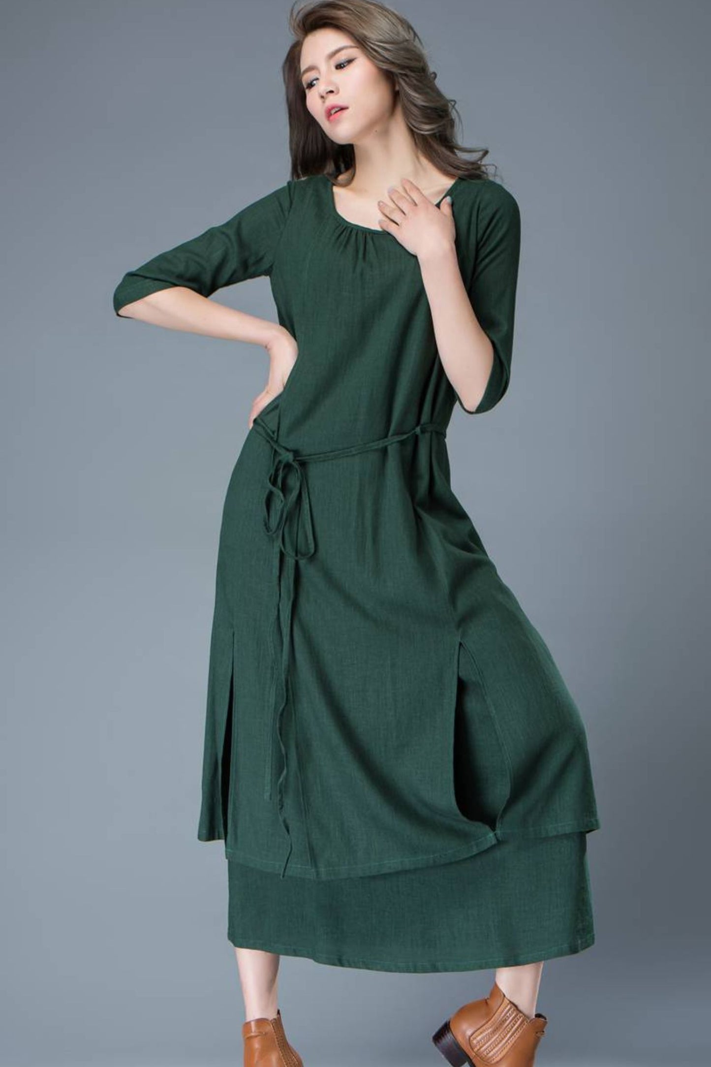 Emerald Green Loose-Fitted Layered Long Length Woman's Dress with Half Sleeves C806