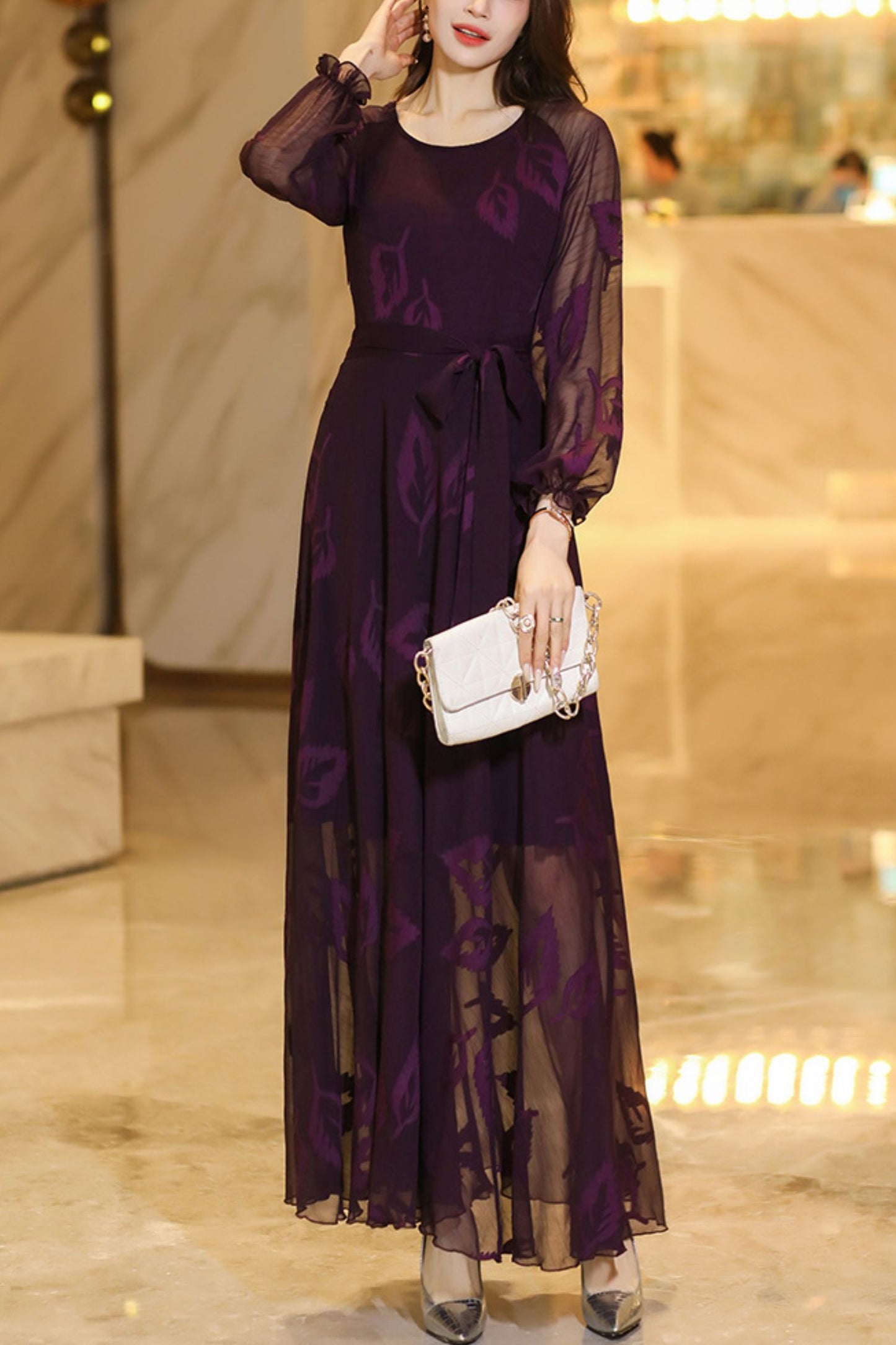 Summer Purple Long Sleeve Chiffon Dress C4110