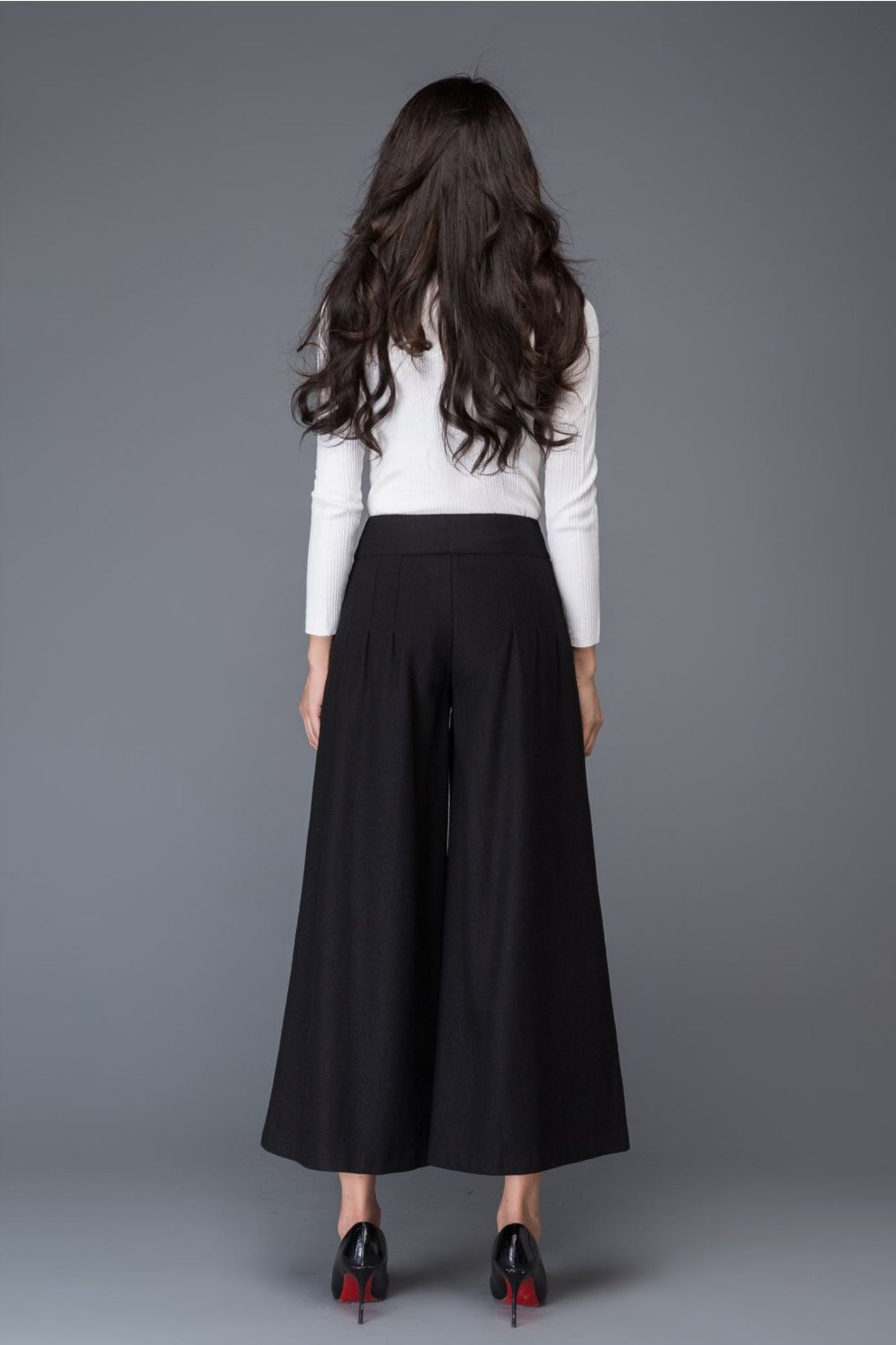 Black midi winter wool pants with pockets C1015
