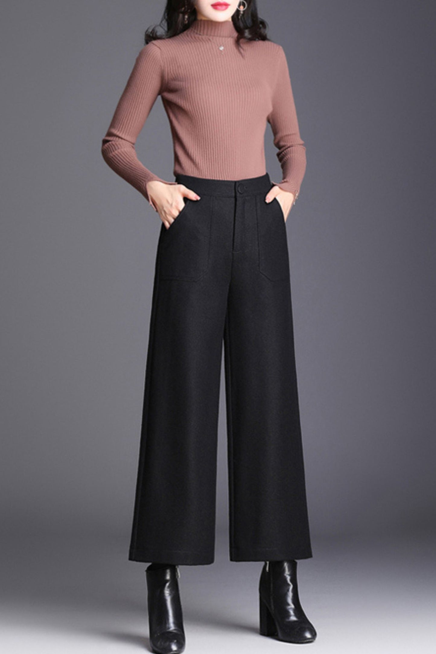 Midi wide leg wool pants women c5080