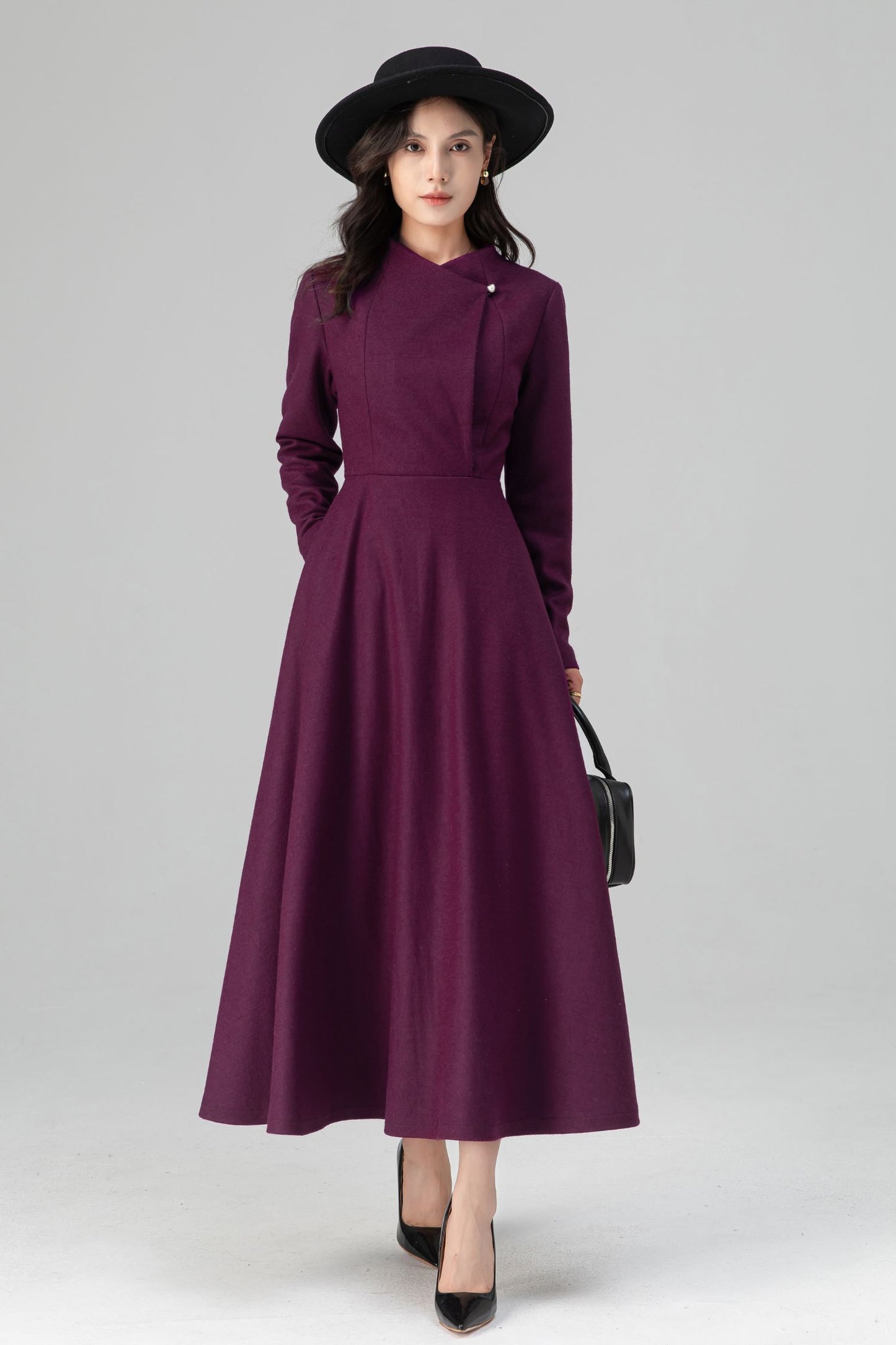 Winter Deep Purple Long Swing Wool Dress Women C5207