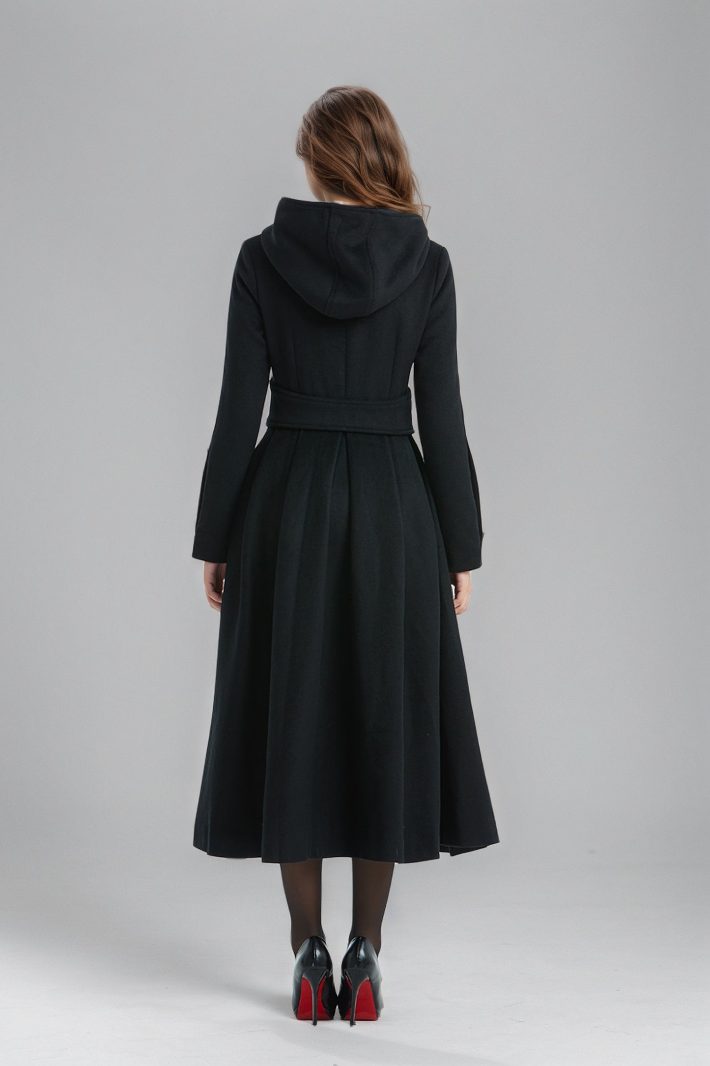 Military Hooded Winter Black Wool Coat C5135