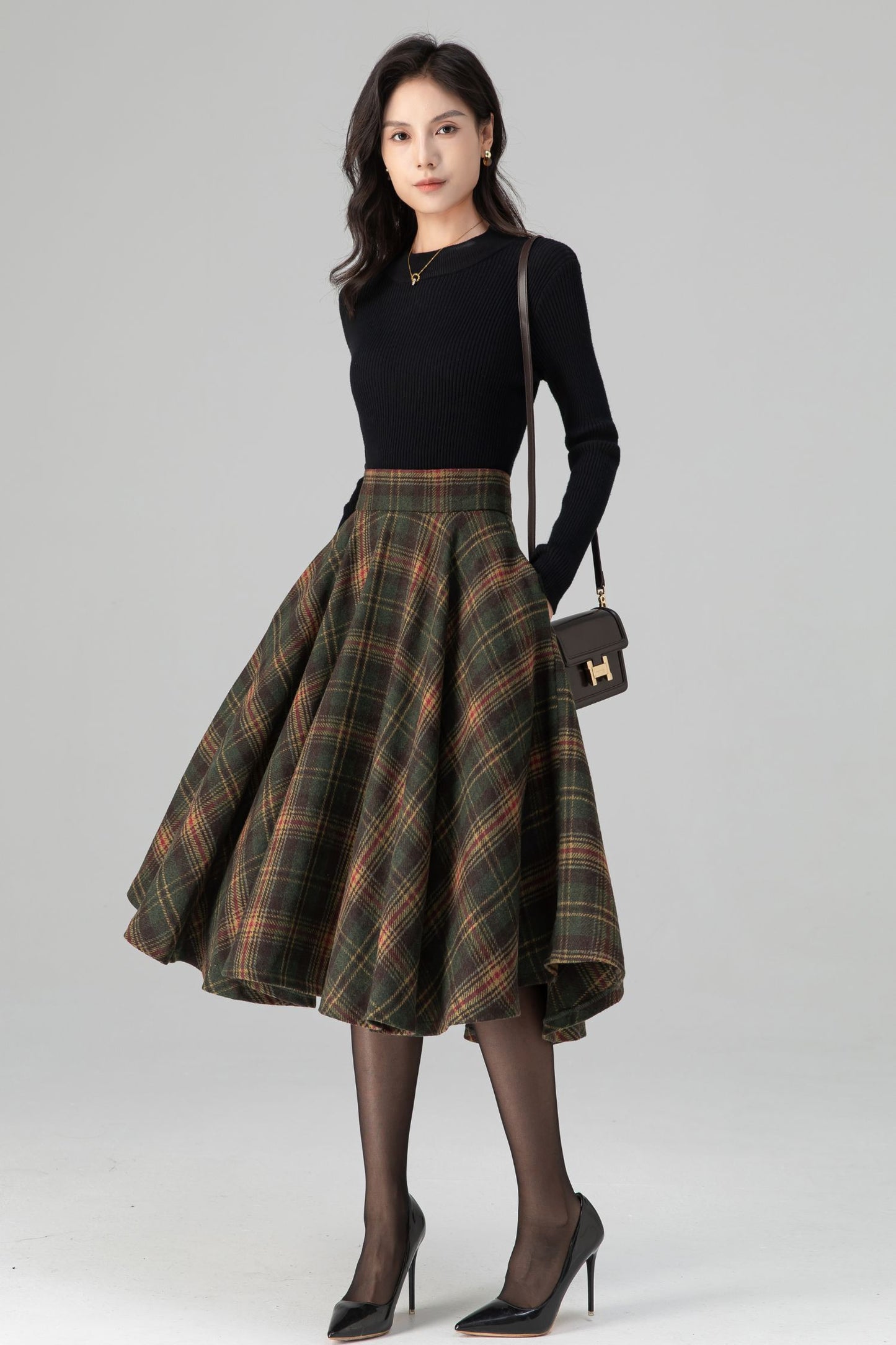 Swing Retro Tartan Midi Plaid Wool Skirt C5197