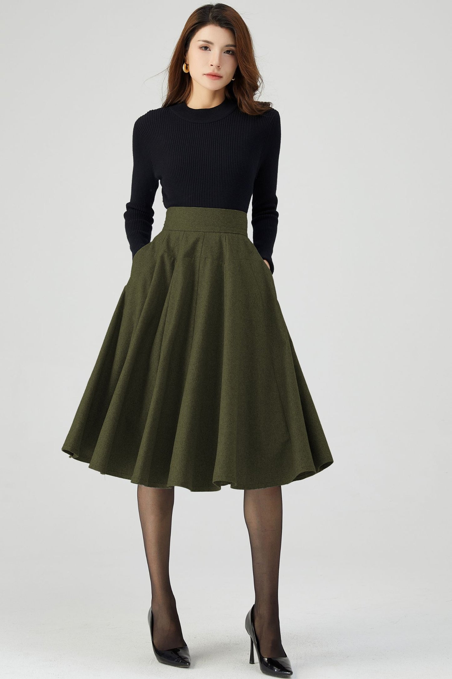 Women Knee Length Army Green Wool Skirt C4526