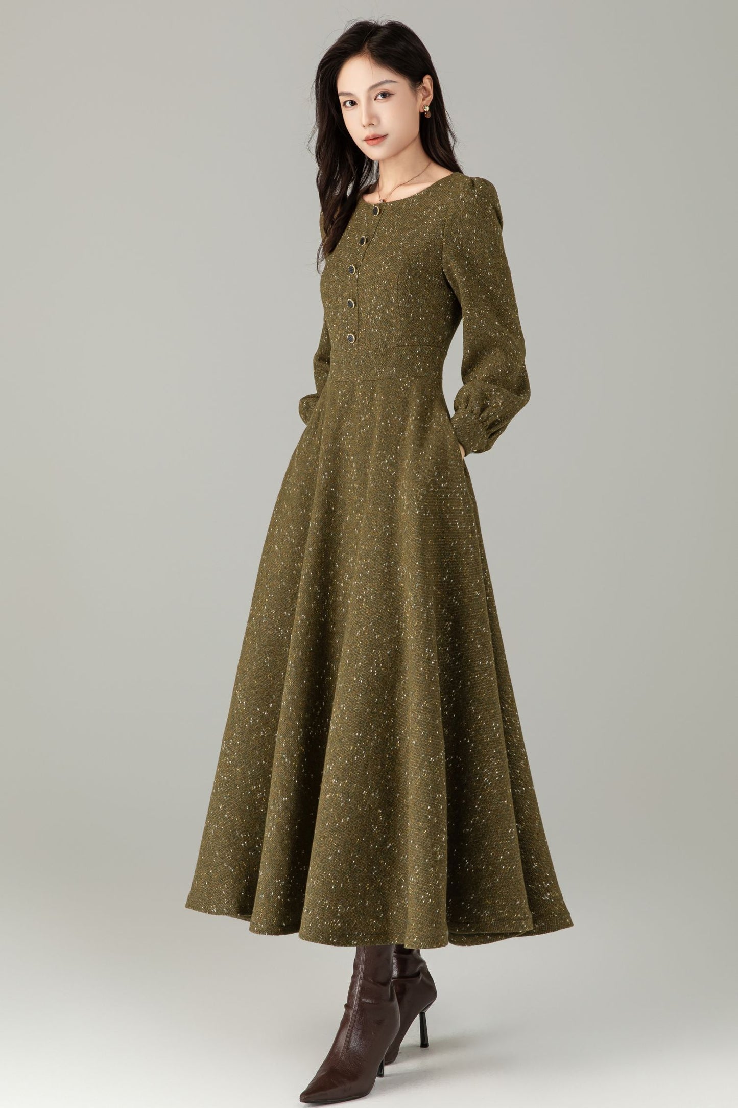 Olive Tweed Wool Maxi Dress — Vintage Button‑Front A‑Line with Pockets C5243