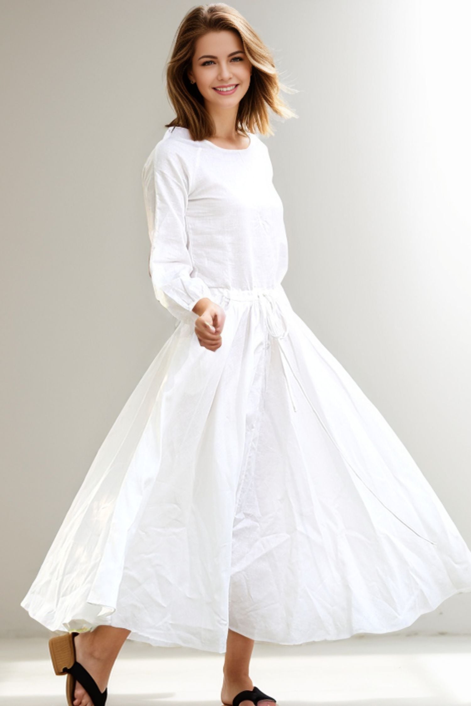 Drawstring Waist Long Sleeve White Dress C281 YLISTYLE Drawstring Waist Long Sleeve White Dress C281 YLISTYLE