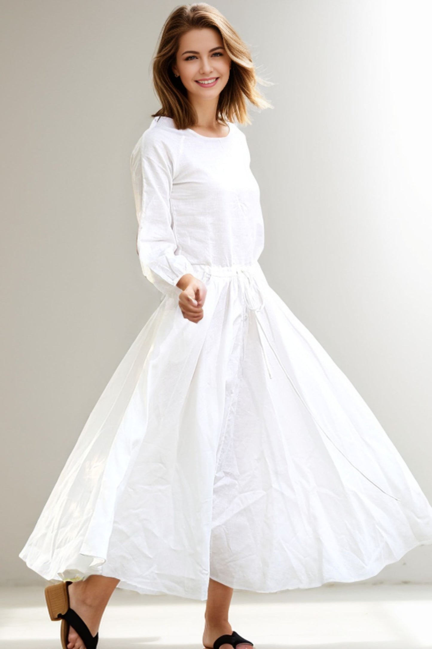 Drawstring Waist Long Sleeve White Dress C281