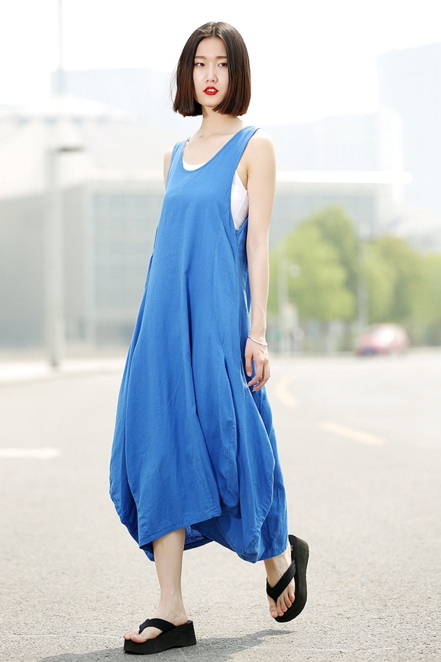 Linen long vest sleeveless dress C355