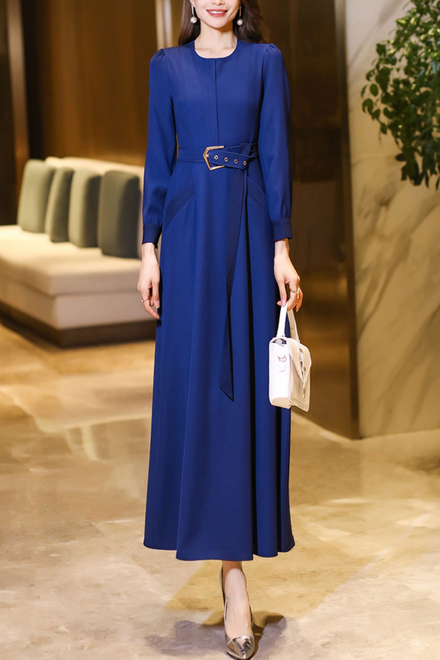Navy blue long-sleeved spring and autumn dress C4192