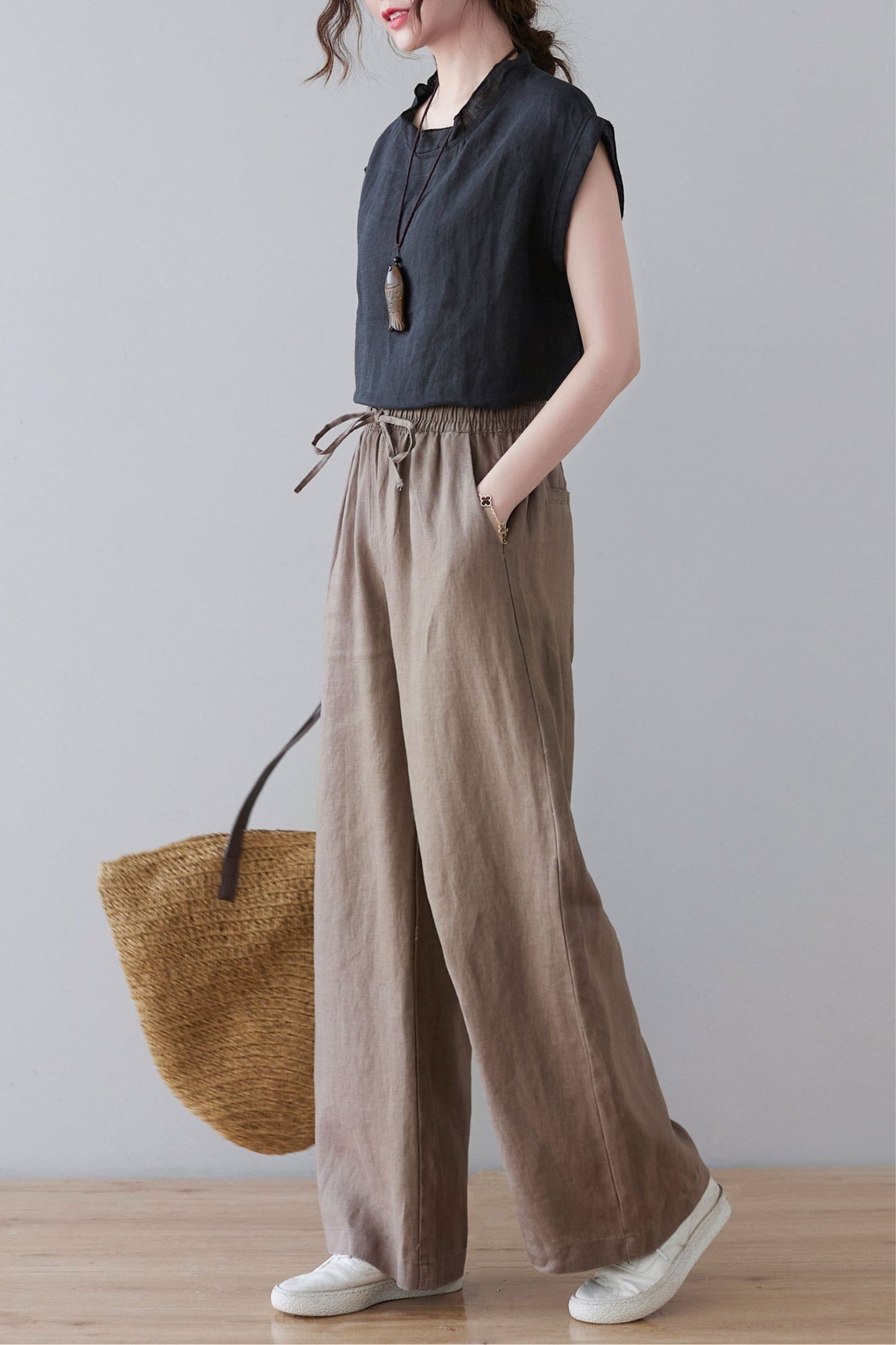 Elastic waist wide leg linen pants for women C2133