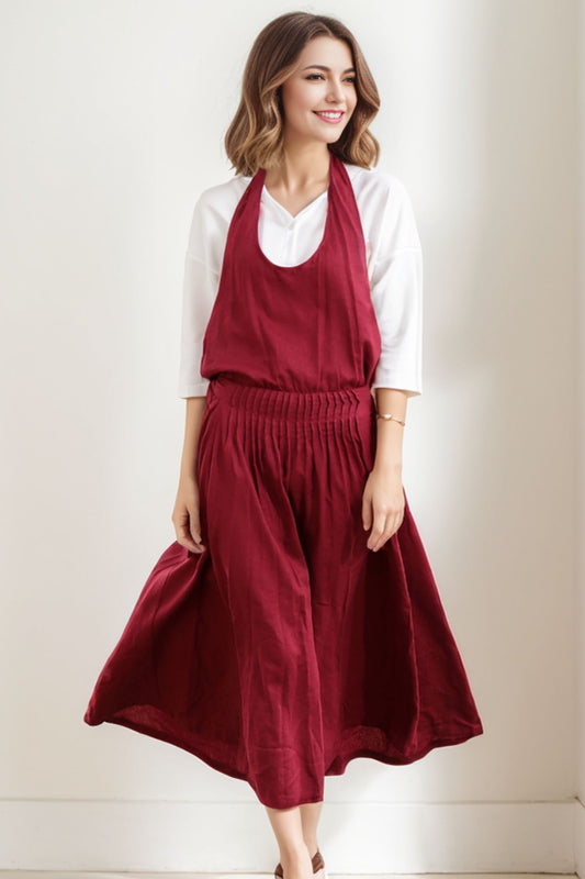 Loose-Fitting Cool Long Red Maxi Linen Suspender Dress C280