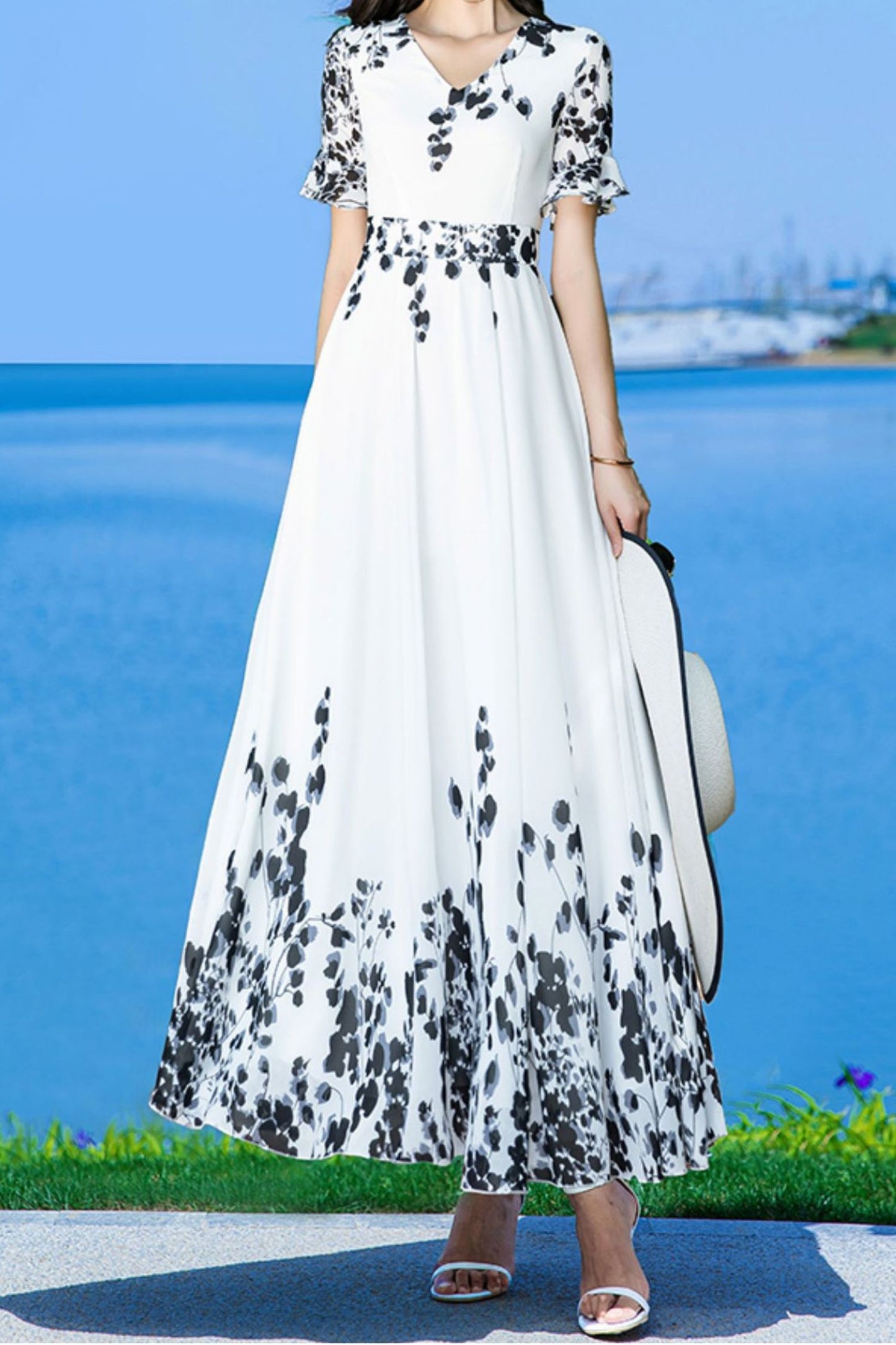 White women chiffon floral V-neck dress C3994