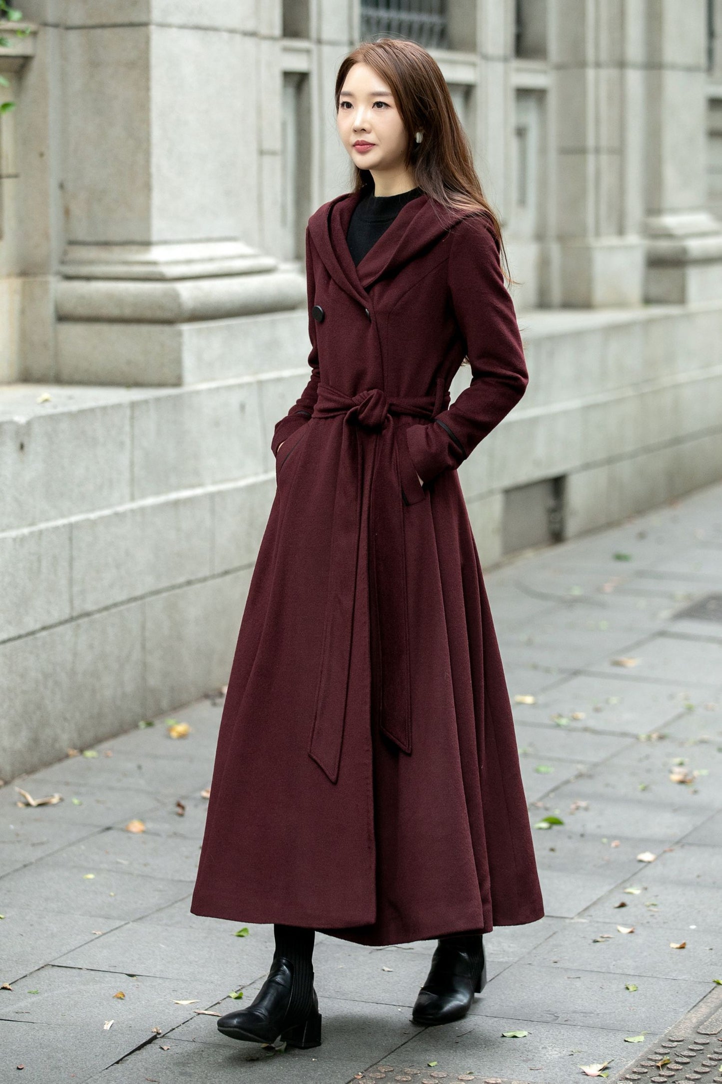 Hooded maxi winter trench wool coat C4506