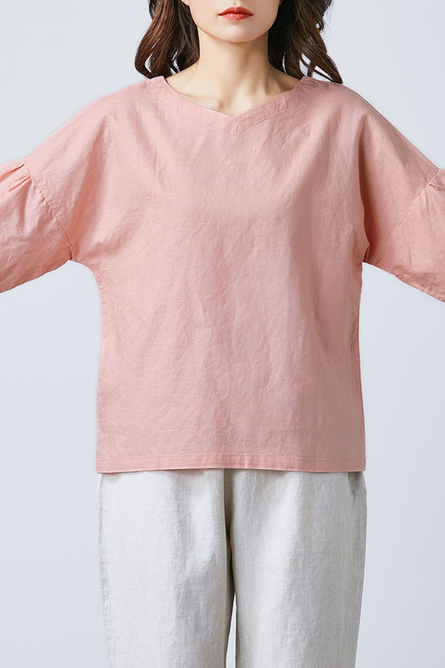 Women Leisure Linen Tops Summer V Neck Blouse C1682