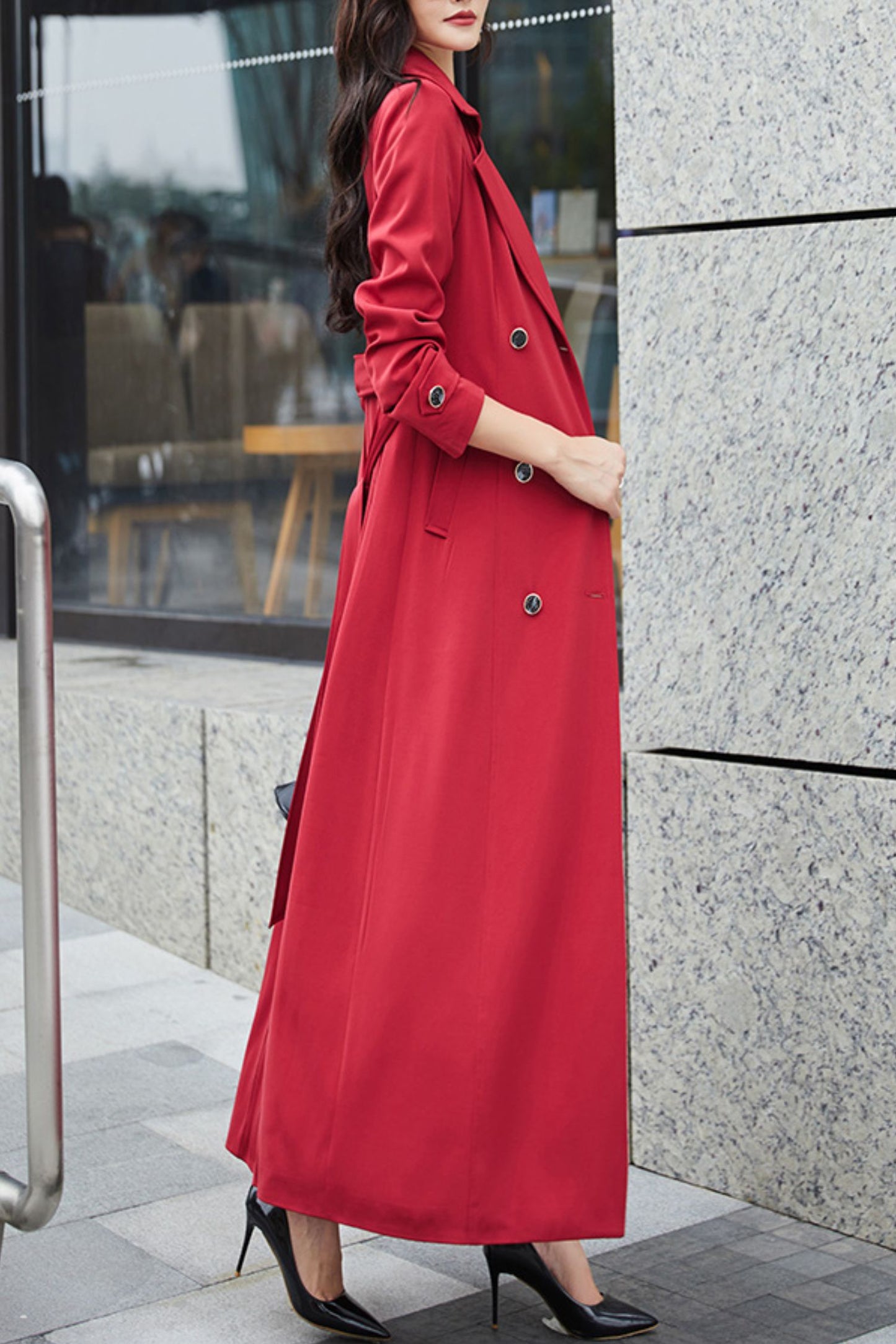 Burgundy women spring and autumn trench coat C4198
