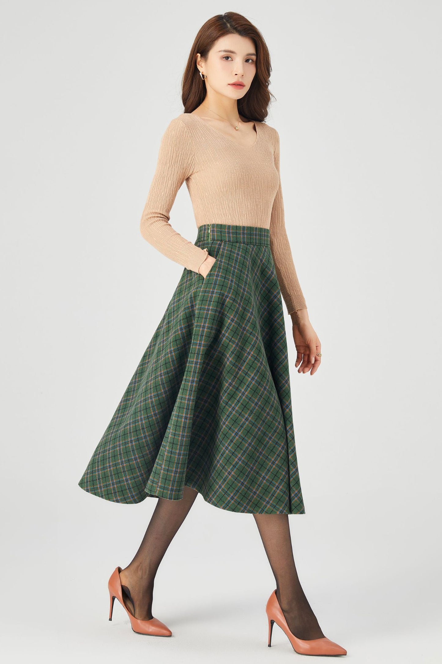 Winter Plaid Midi Wool Skirt C3686
