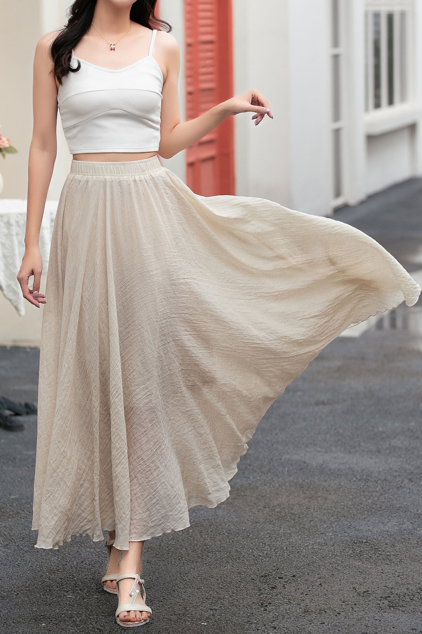 A line beige long linen skirt women C5033