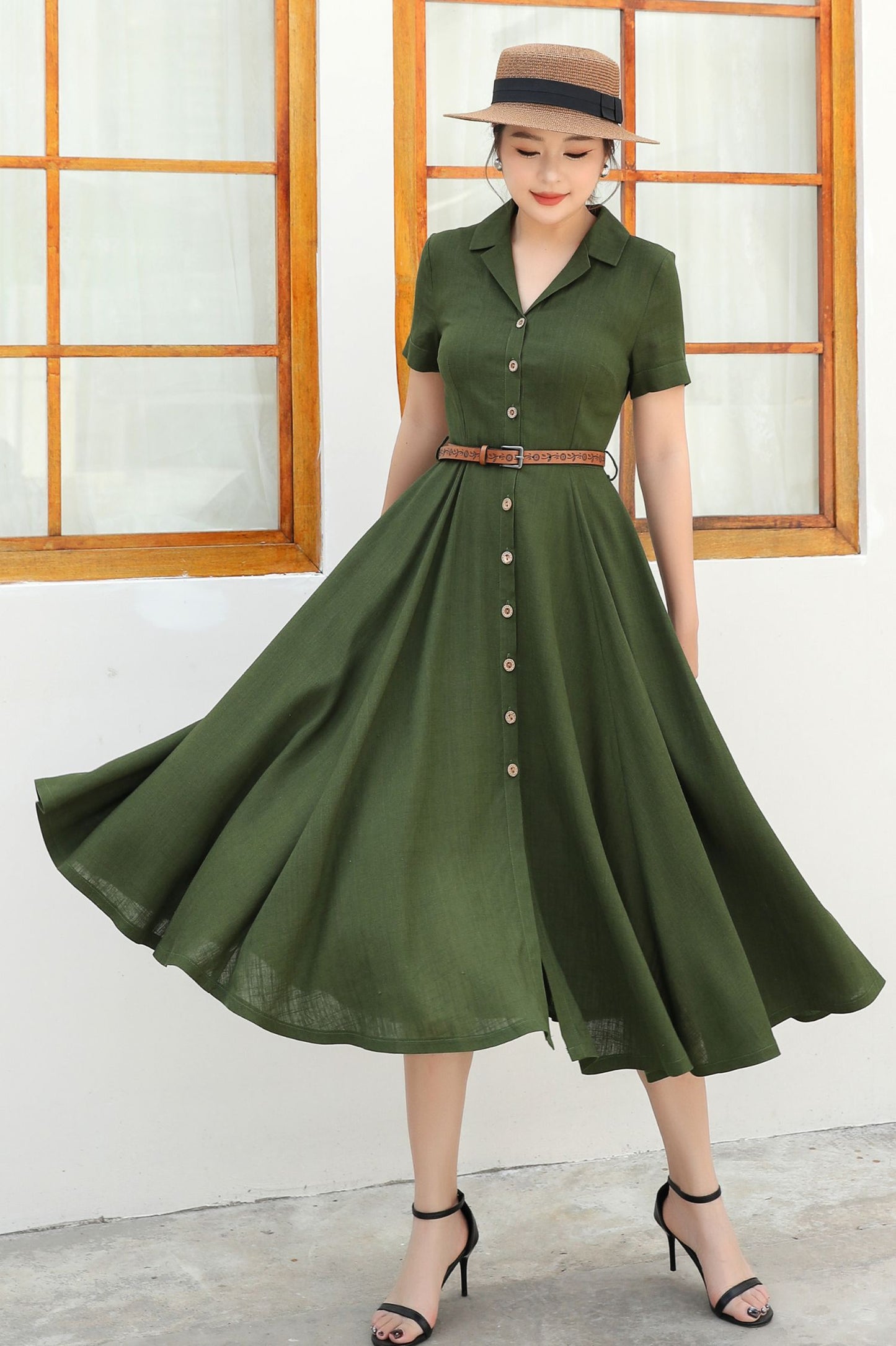 Green Linen Summer Shirt dress c4833