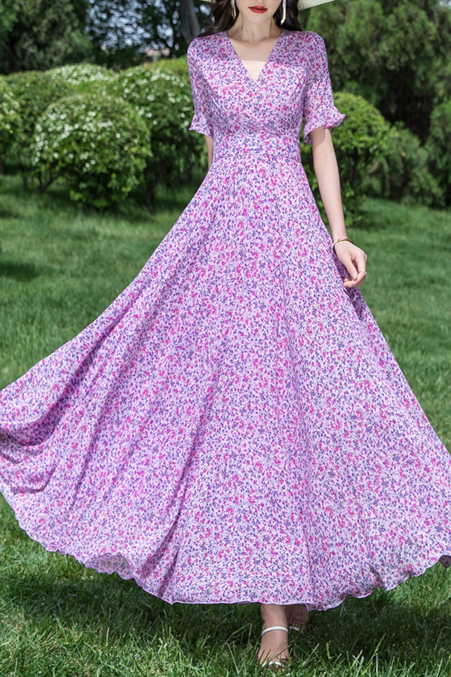 Floral women summer long chiffon dress C4037