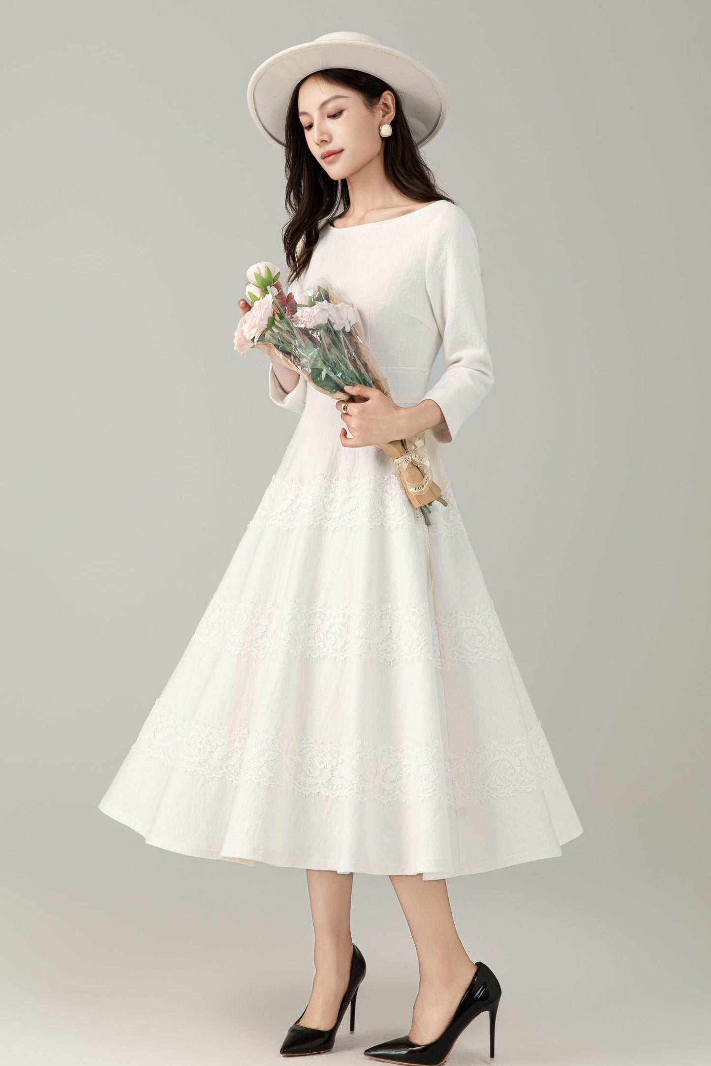 White prom wedding wool dress women C5242